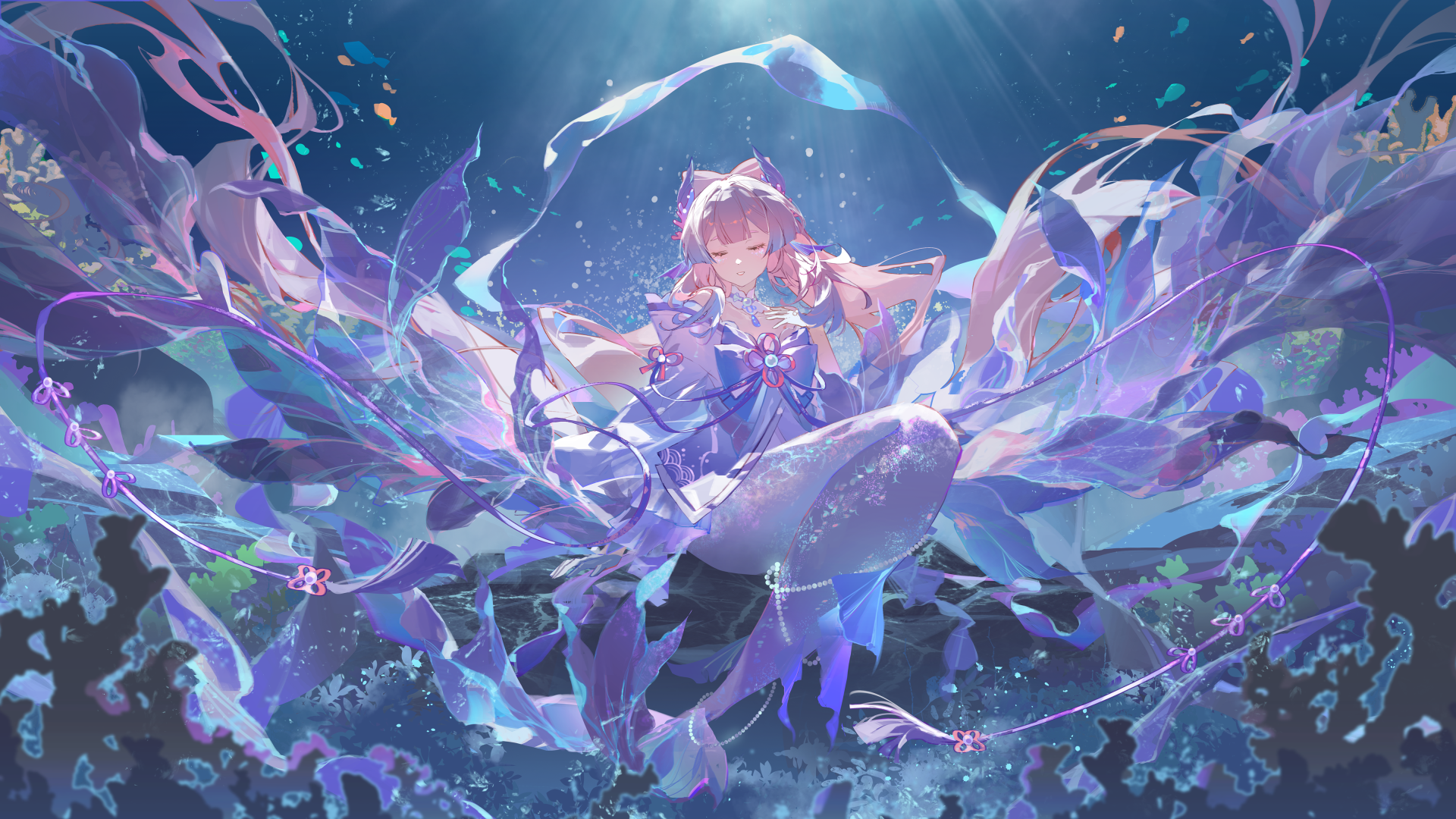 4K Ultra HD wallpaper featuring Sangonomiya Kokomi from Genshin Impact, surrounded by flowing ribbons and aquatic elements in a vibrant, dynamic underwater scene.
