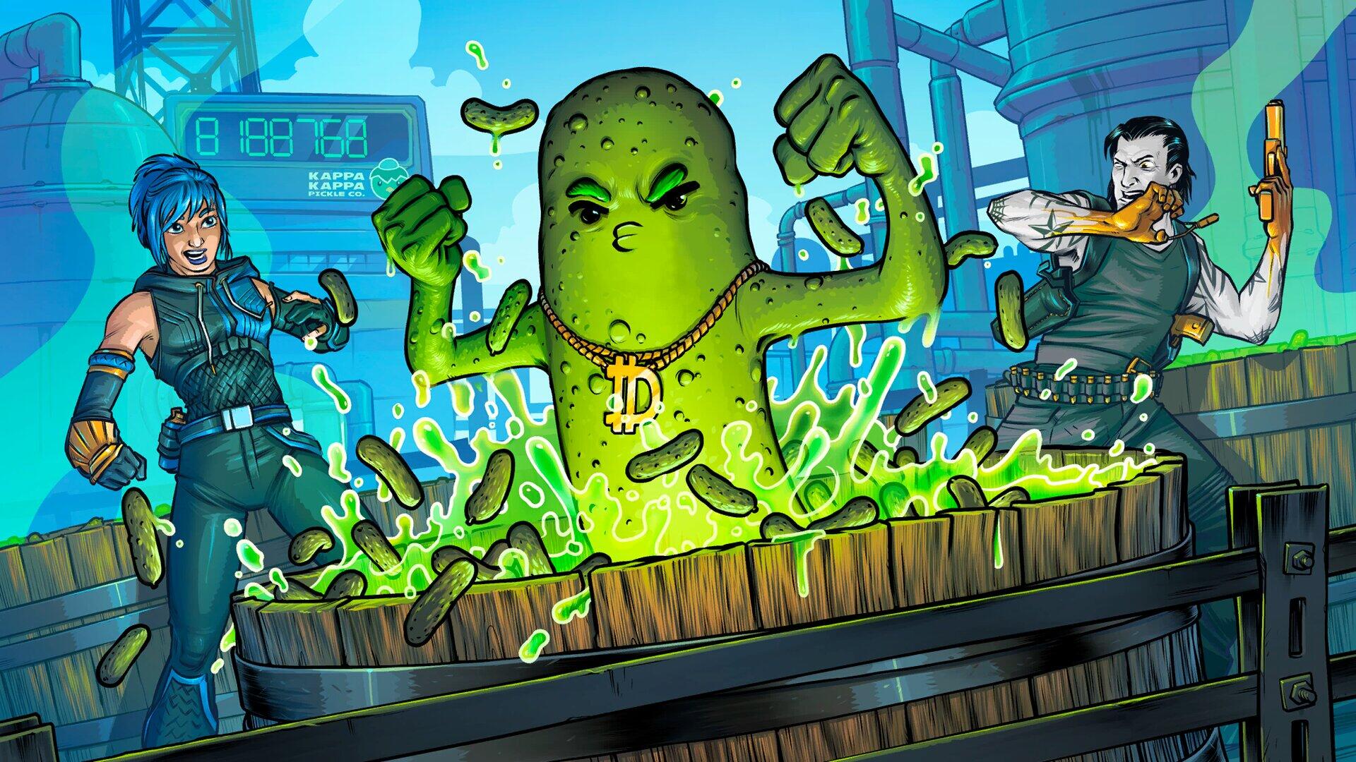 HD PC desktop wallpaper featuring a dynamic Fortnite scene with characters reacting to a glowing, green slime creature emerging from a wooden barrel.