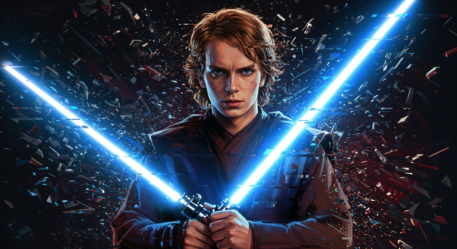 Anakin Skywalker stands with two blue lightsabers amidst a backdrop of shattered fragments, captured in vivid 4K Ultra HD as a striking PC desktop wallpaper.