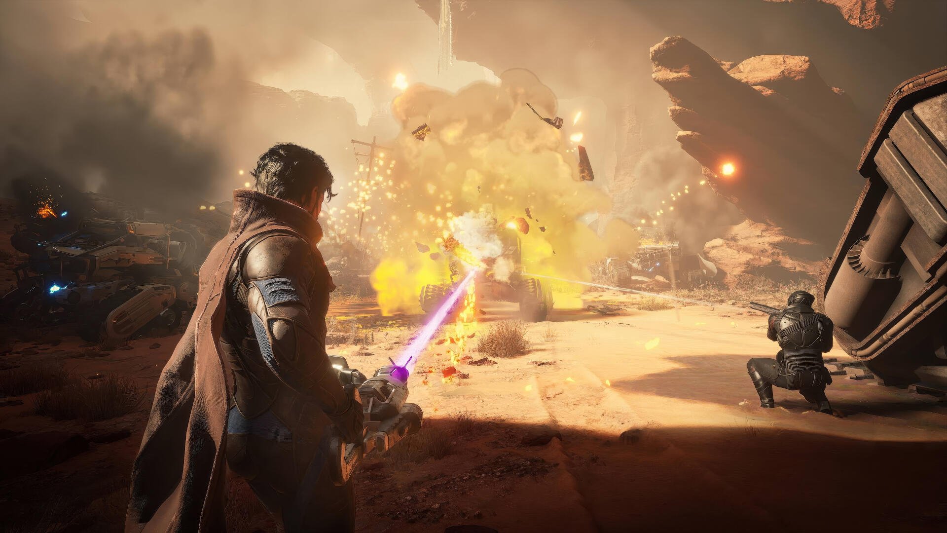 A dynamic scene from Dune: Awakening featuring a character wielding a laser weapon amid explosions and chaos, showcasing intense action in stunning 4K Ultra HD resolution.