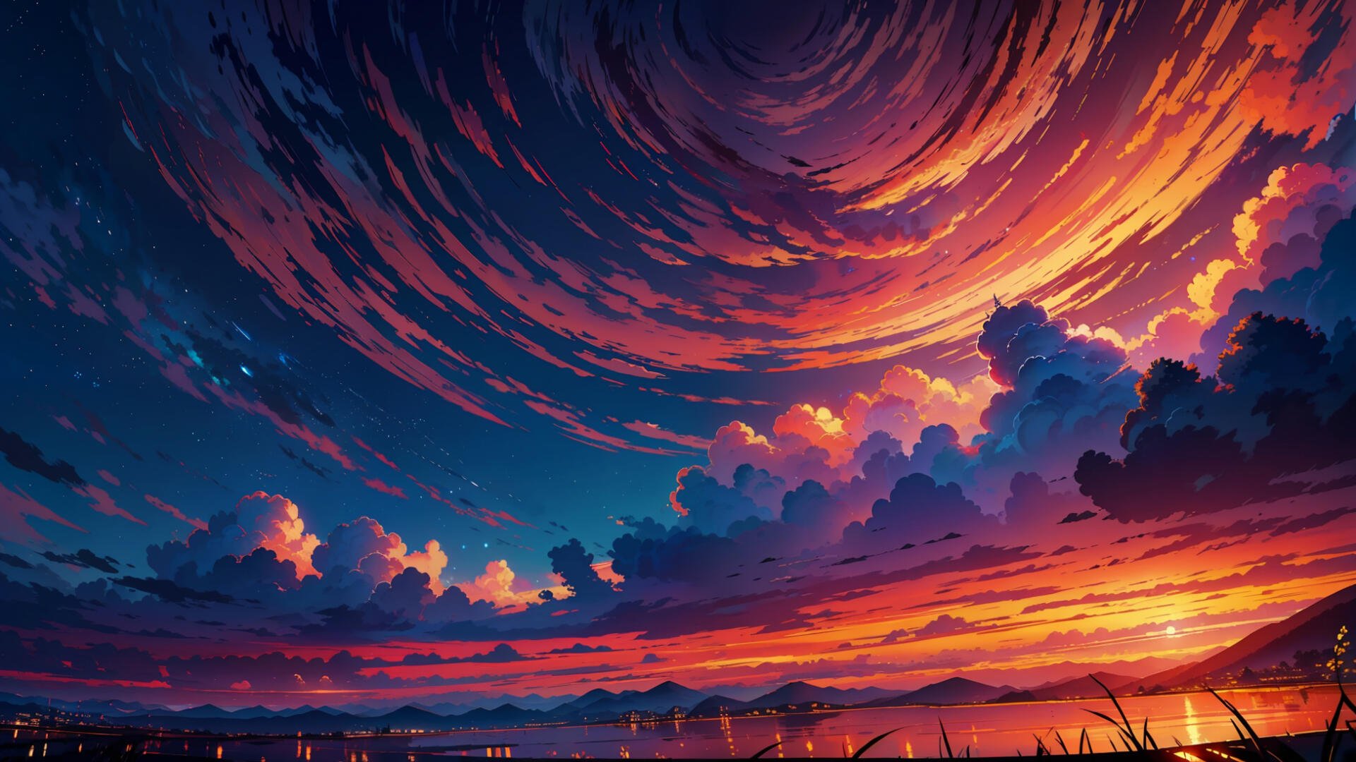Vivid anime landscape with swirling clouds at sunset, showcasing vibrant colors and dynamic skies in 4K Ultra HD digital art style for a striking PC desktop wallpaper.