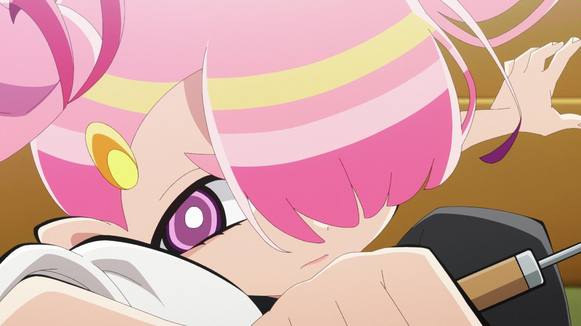 A vibrant HD desktop wallpaper featuring a character from Aquarion: Myth of Emotions, showcasing bold colors and expressive features in a dynamic pose.