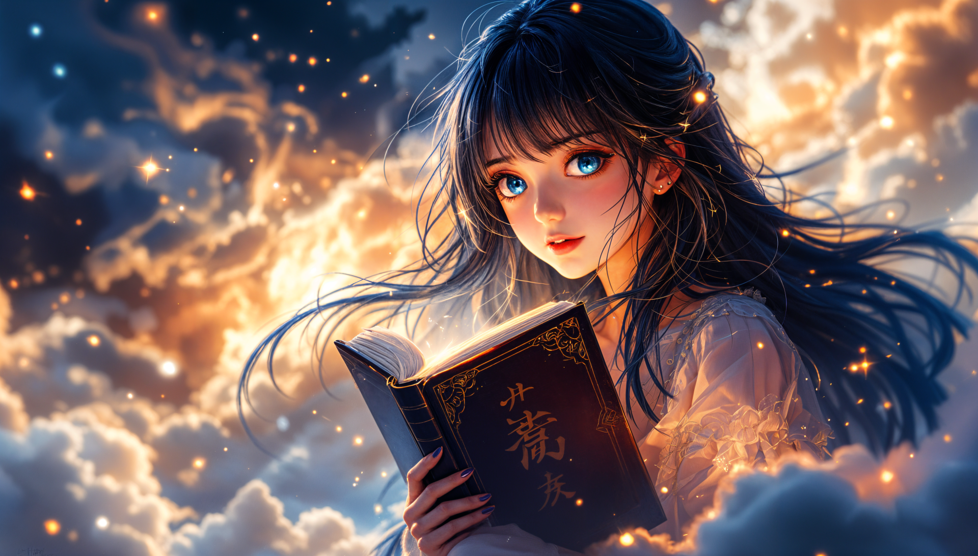 A captivating 4K Ultra HD wallpaper featuring a girl with striking blue eyes, holding a book amidst a backdrop of swirling clouds and sparkling lights.