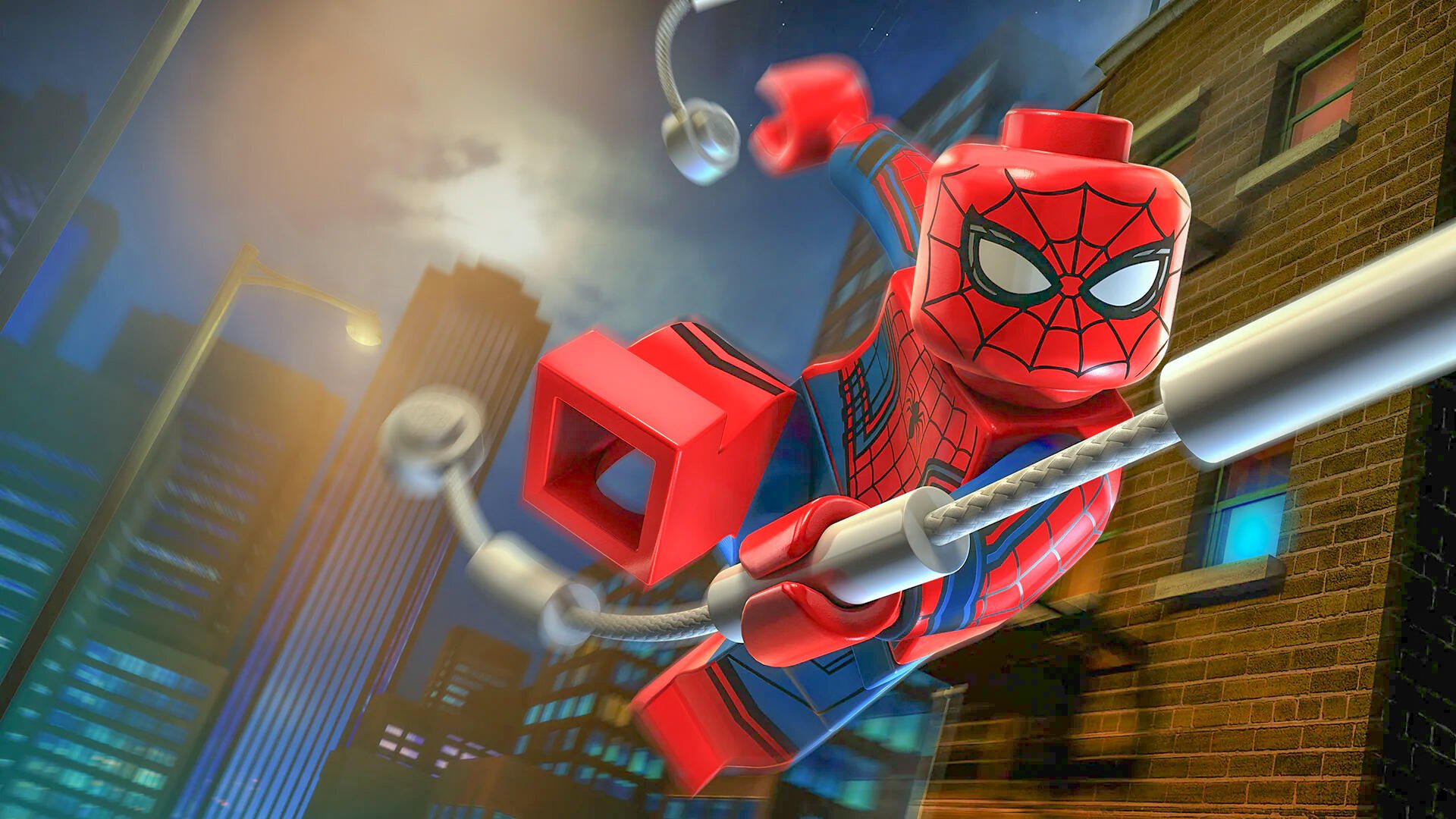 HD PC wallpaper featuring LEGO Marvel's Avengers Spider-Man swinging through a cityscape at night with webs and a dynamic action pose.