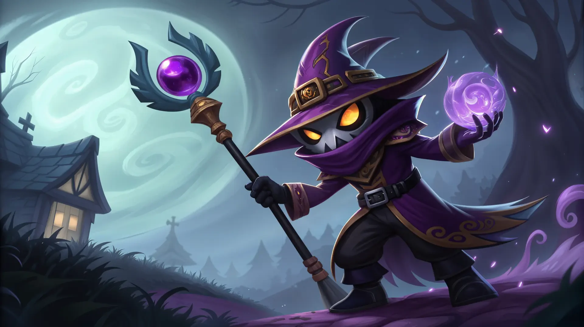 Veigar from League of Legends stands confidently with his staff, casting a powerful spell under a full moon, set against a mysterious, dark landscape in this 4K Ultra HD wallpaper.