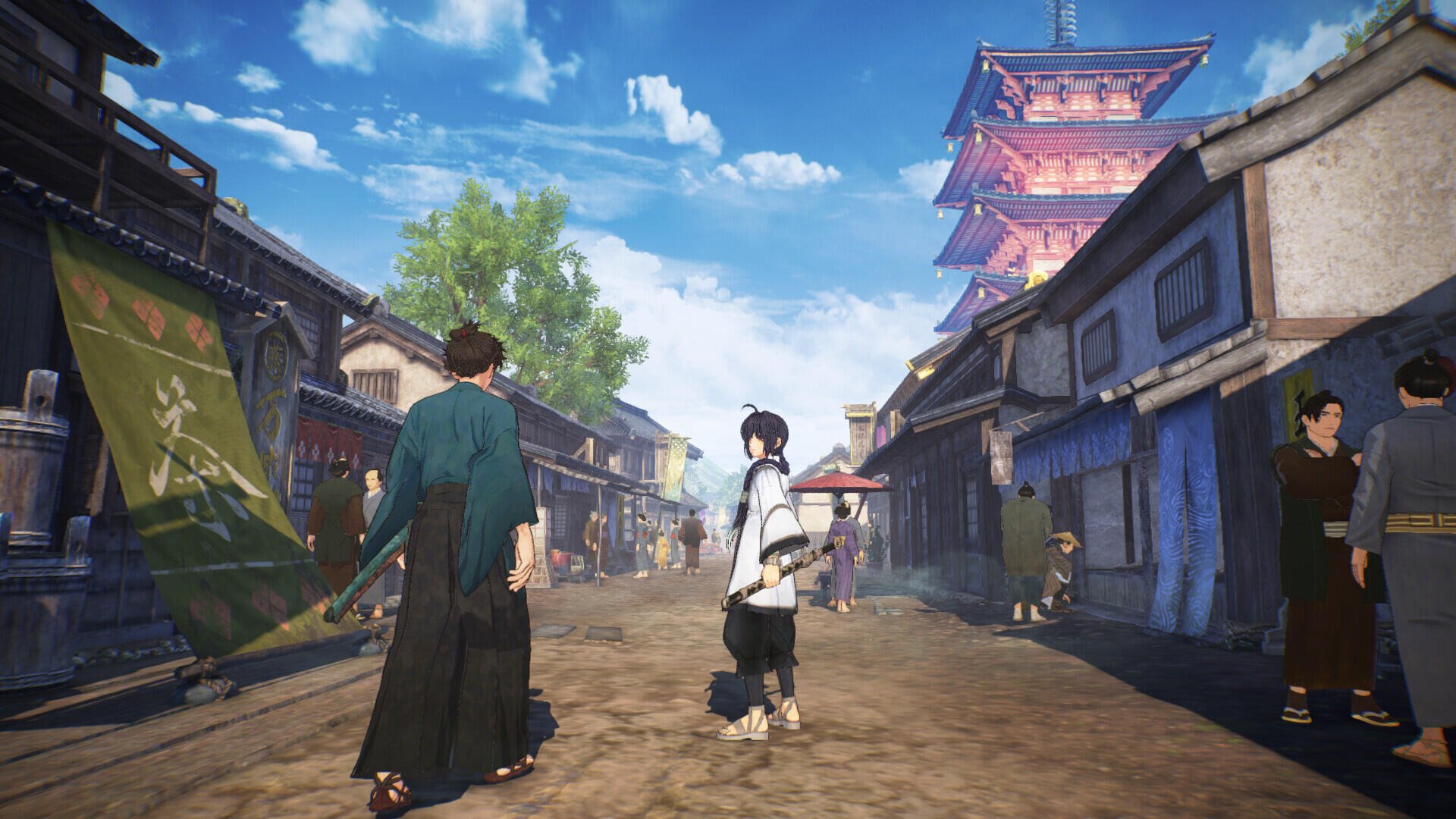 A vibrant scene from the video game Fate/Samurai Remnant, featuring characters navigating a bustling street with traditional architecture and a scenic sky. An engaging HD PC desktop wallpaper.