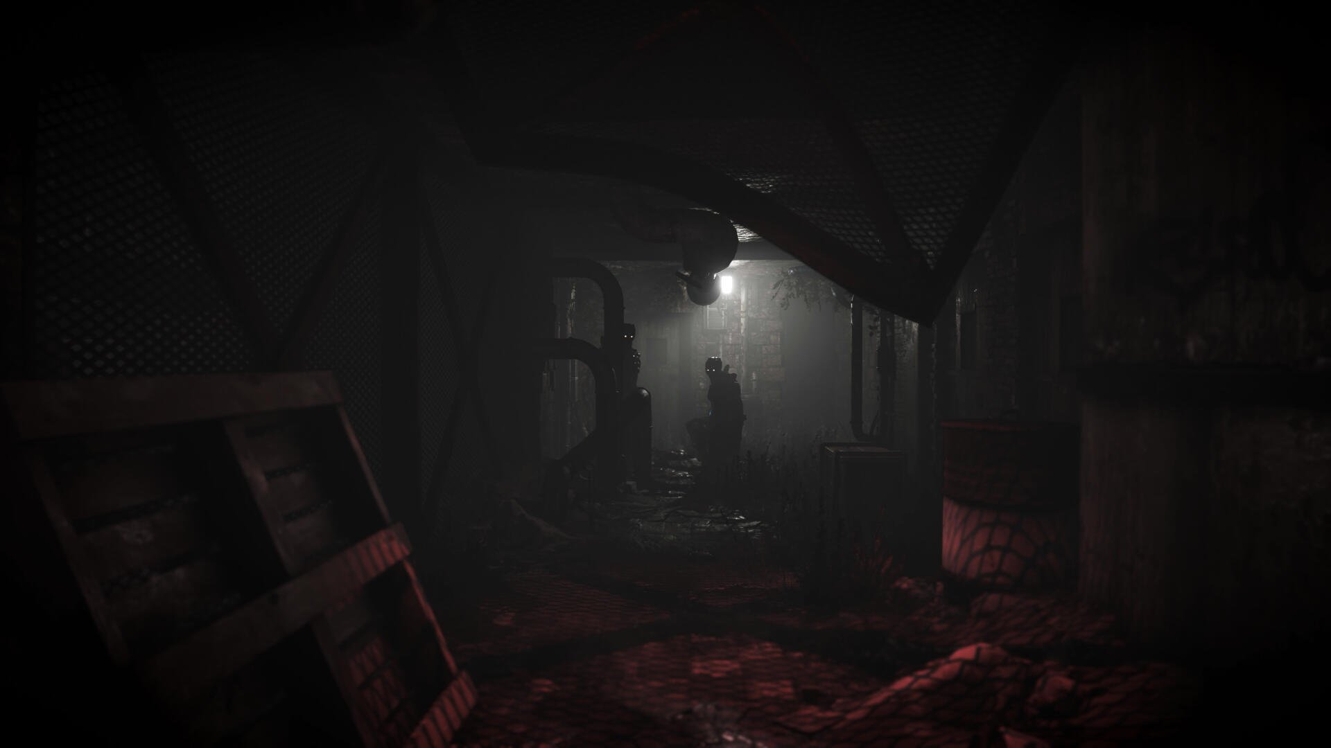 A dark, atmospheric scene from the video game Total Chaos, featuring a shadowy figure under harsh lighting in a grimy, abandoned environment. 4K Ultra HD quality enhances the immersive mood.