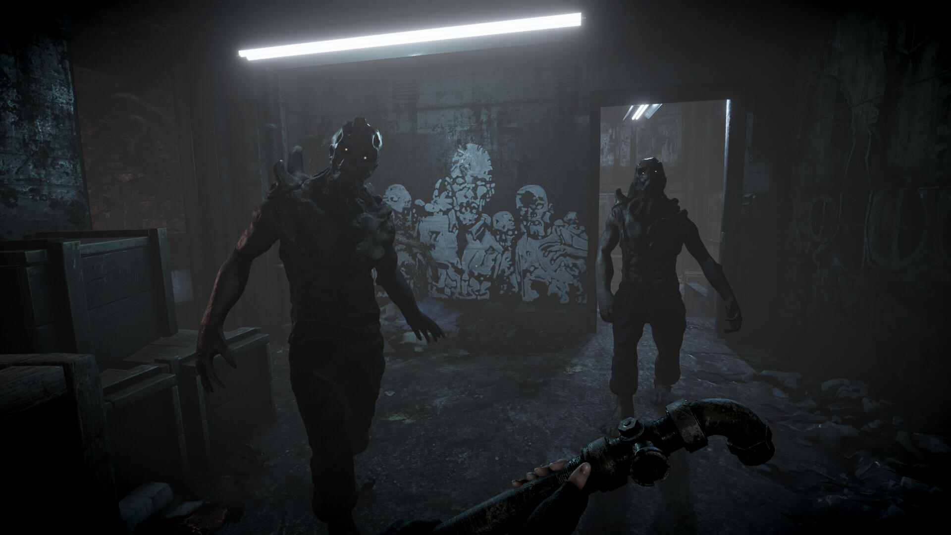 Dark, tense scene from the video game Total Chaos as two figures move through a dimly lit room, captured in stunning 4K Ultra HD for PC desktop wallpaper and background.