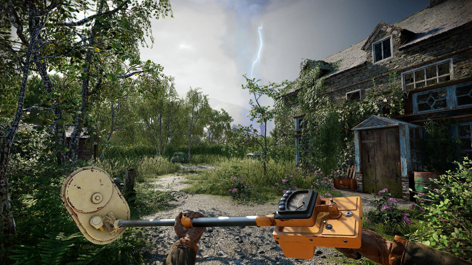 A vibrant scene from the video game Atomfall, showcasing a lush, overgrown environment with a character holding an industrial tool, set against a dramatic sky and a weathered house.