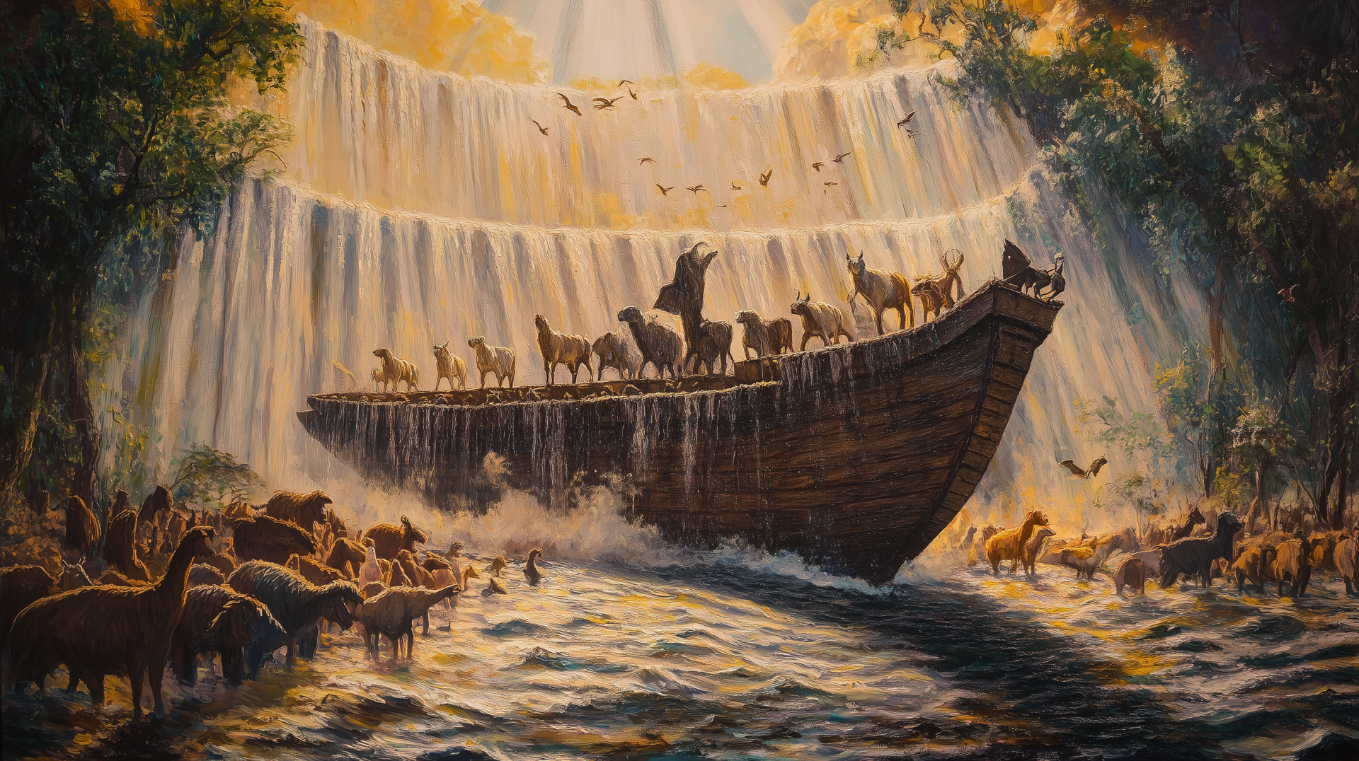 Artistic HD wallpaper depicting Noah's Ark arriving in a paradisiacal setting, with animals disembarking beneath cascading waterfalls in a serene, religious scene.