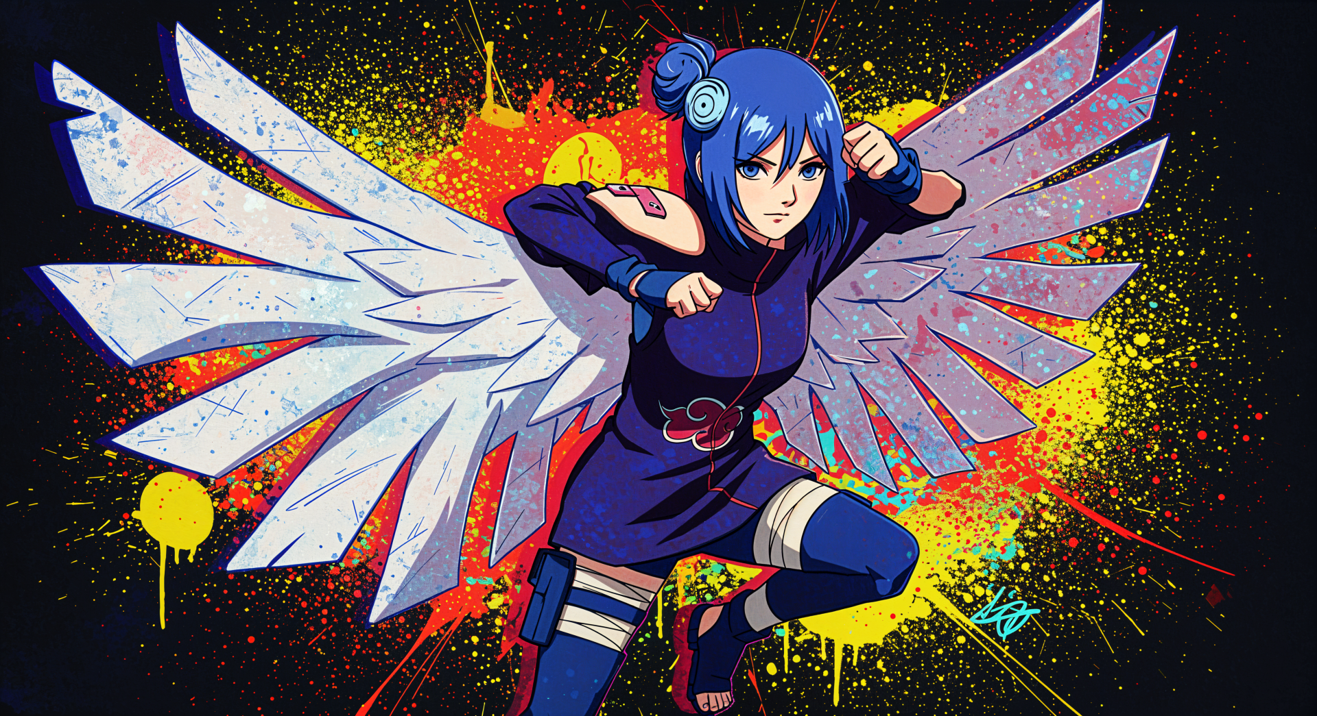 Konan from Naruto poses fiercely with large white wings against a vibrant, colorful background, showcased in this striking 4K Ultra HD desktop wallpaper.