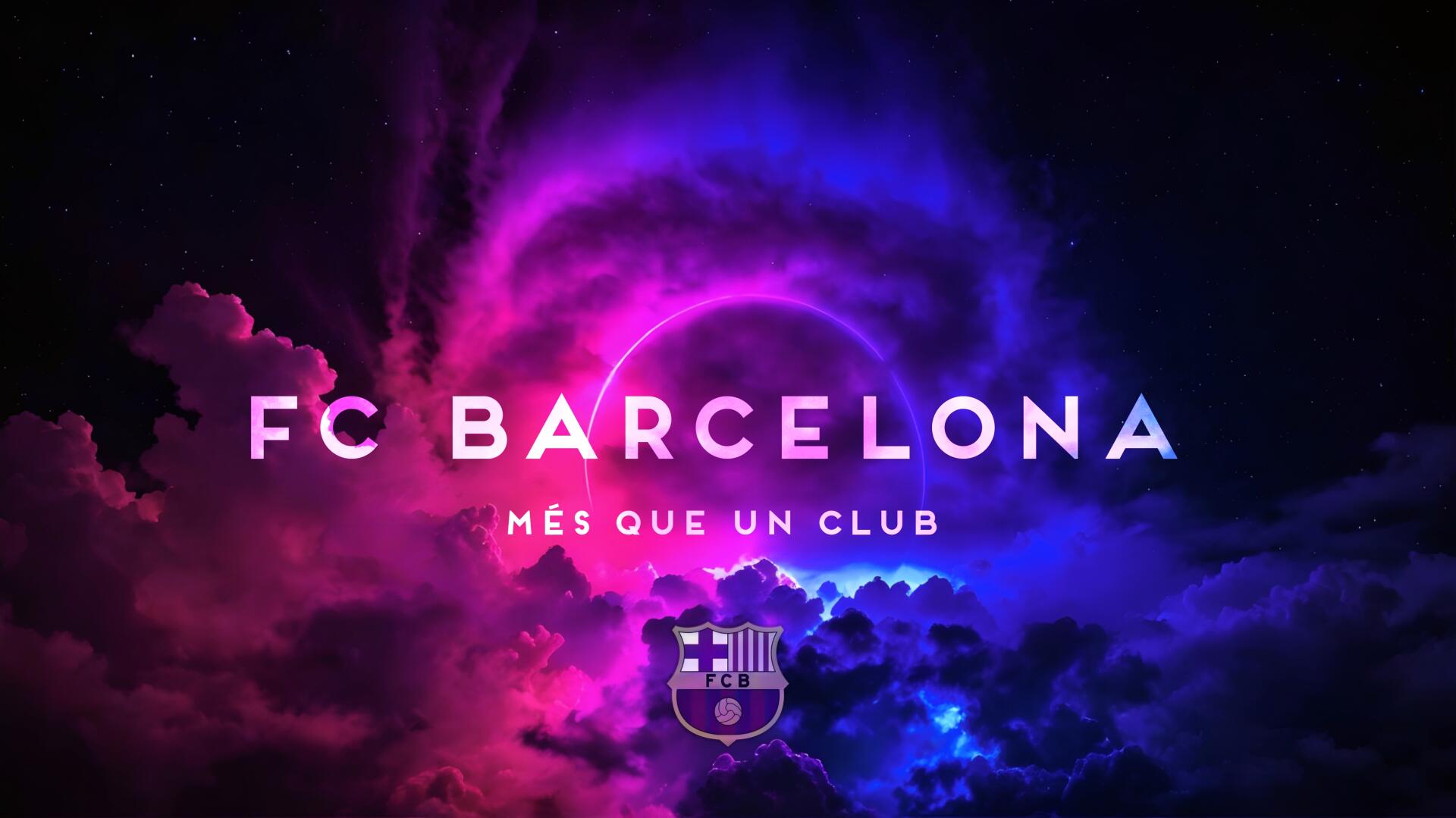 4K Ultra HD wallpaper featuring FC Barcelona and FC Barcelona Femení with vibrant purple and blue swirling clouds and the club crest beneath the motto Més que un club.