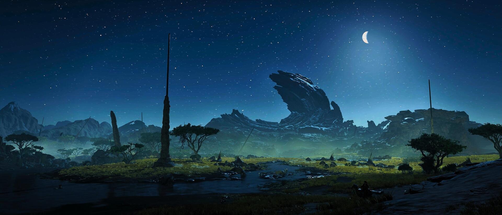 HD PC desktop wallpaper of a nighttime gaming environment from Monster Hunter Wilds, featuring a moonlit sky and a rocky landscape in a video game setting.