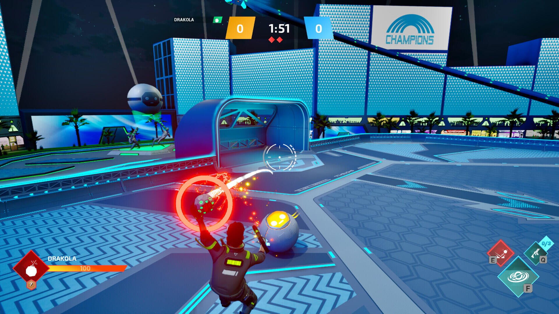 An action-packed scene from the video game Shotball, featuring a player aiming at a futuristic goal in a vibrant arena, set against a high-definition backdrop.