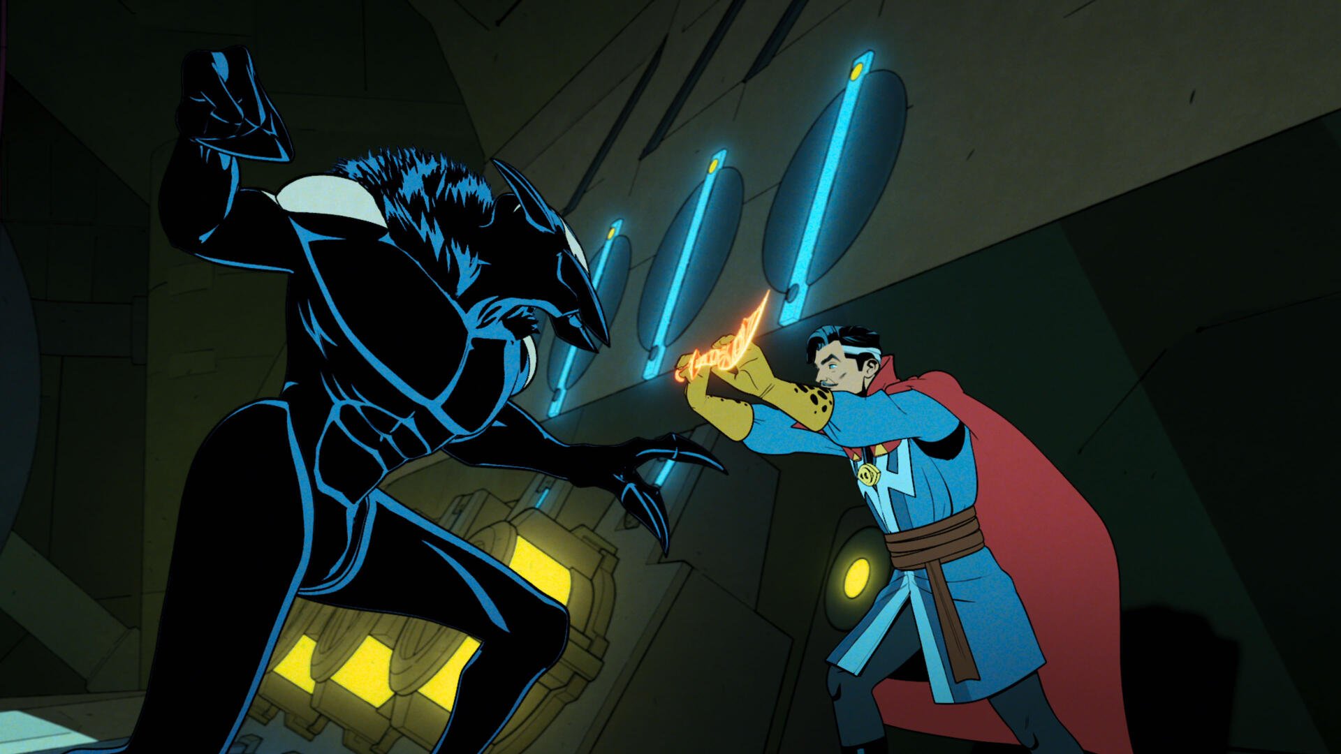 A dynamic scene from Your Friendly Neighborhood Spider-Man TV show, featuring an intense confrontation between a hero and a menacing villain in vibrant animation. 4K Ultra HD desktop wallpaper.