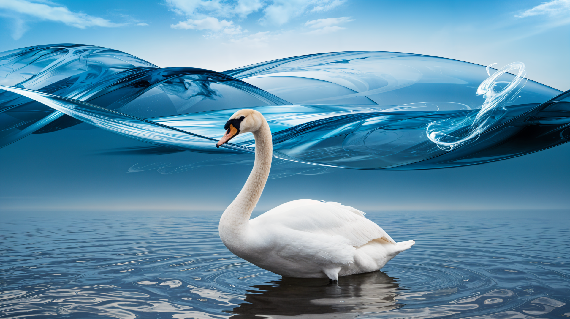 A serene mute swan gracefully glides through calm waters, framed by abstract blue waves and a clear sky in this stunning 4K Ultra HD desktop wallpaper.