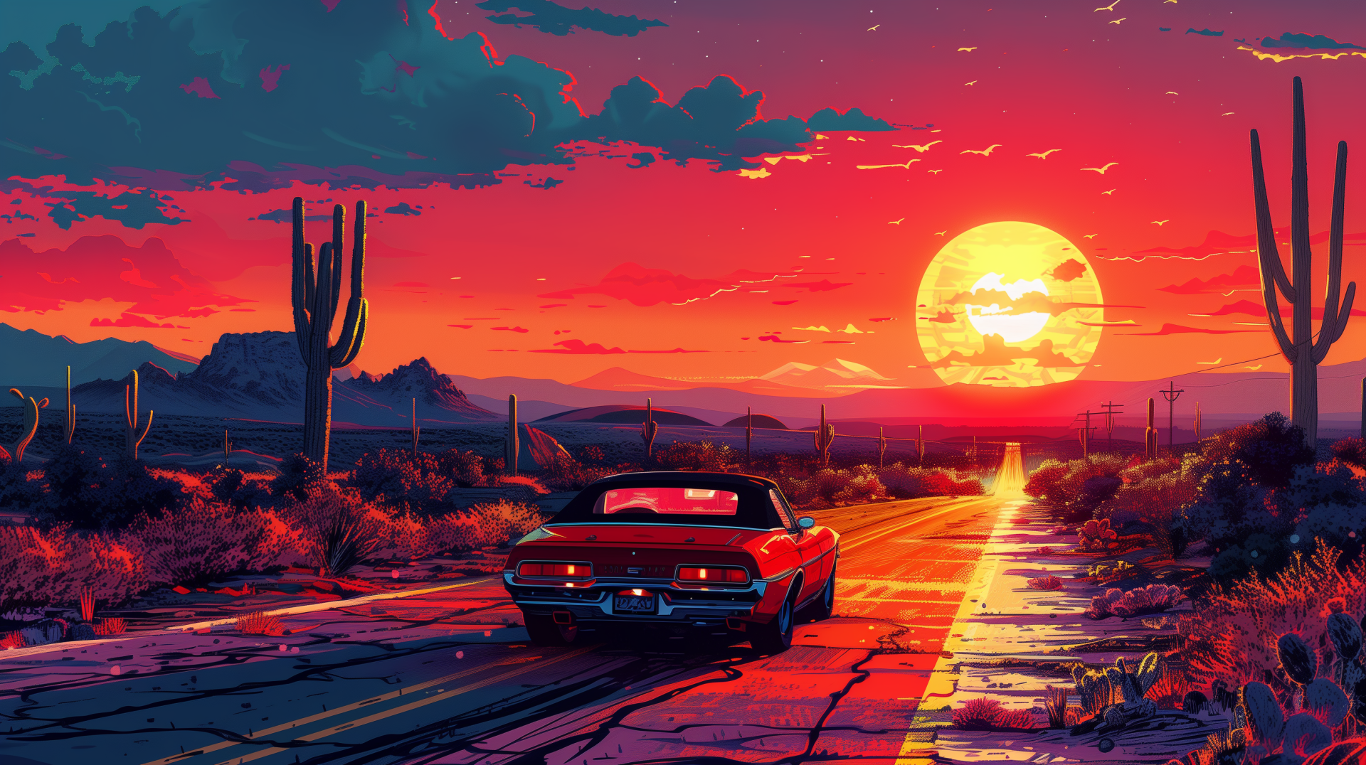 A retro vehicle drives along a cracked road under a vibrant sunset, surrounded by cacti and mountains, capturing a maximalist artistic style. Ideal as a colorful HD desktop wallpaper.