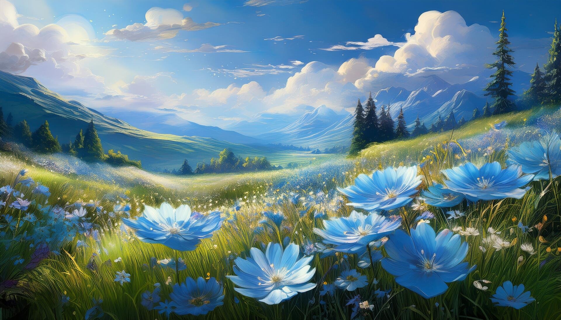 Dreamy spring landscape featuring vibrant blue flowers, lush green trees, and distant mountains under a bright sky, captured in an HD PC desktop wallpaper.