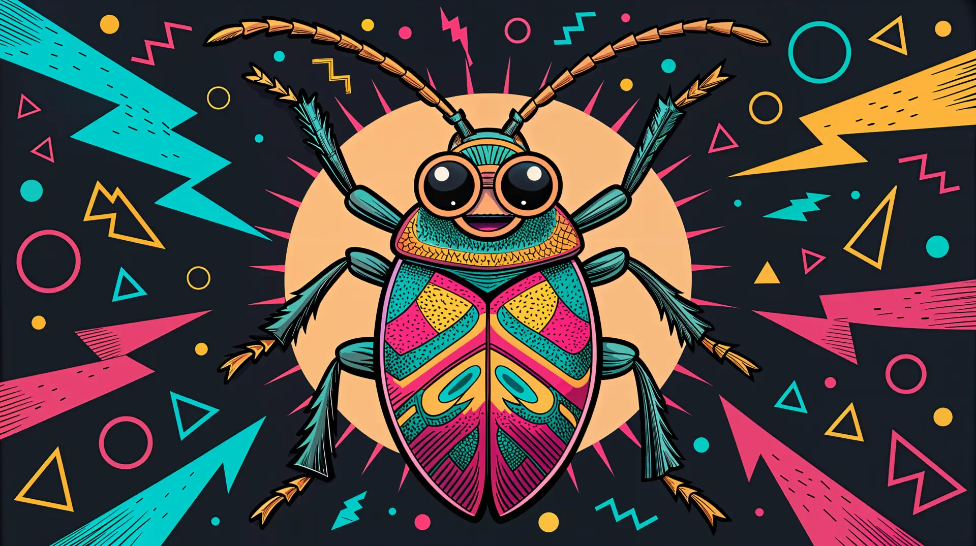 A vibrant, joyful illustration of a colorful beetle surrounded by energetic shapes and patterns on a dark background, perfect as a 4K Ultra HD wallpaper for your desktop.