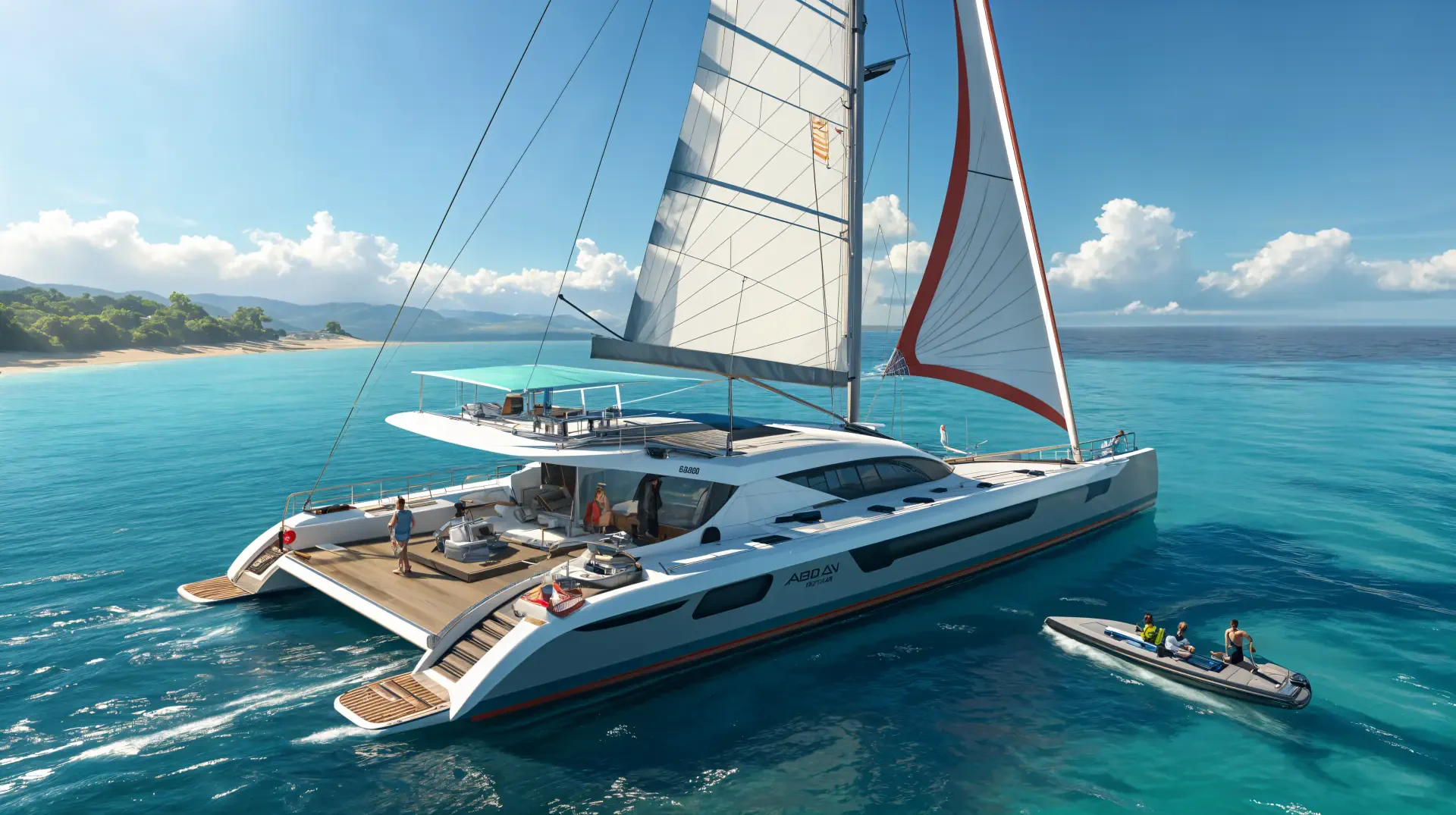 A luxury catamaran yacht sails smoothly on the clear ocean under a bright blue sky, captured in stunning 4K Ultra HD for a vibrant desktop wallpaper.