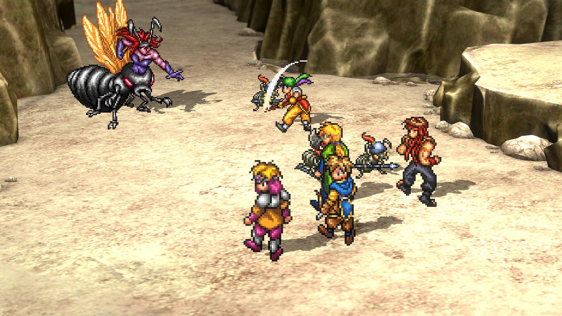 HD wallpaper from Suikoden I&II HD Remaster, depicting characters preparing for battle against a formidable enemy in a dynamic fantasy landscape.