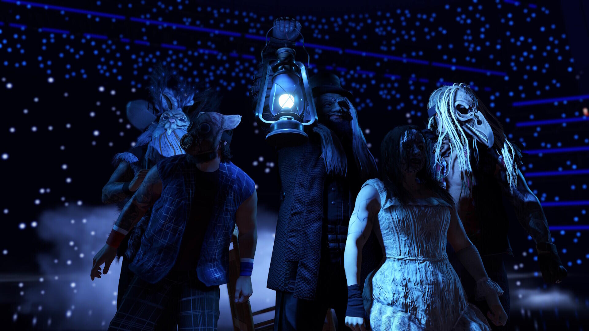A dramatic scene from WWE 2K25, featuring characters in dark attire, illuminated by a glowing lantern, set against a starry background, making for an enchanting HD wallpaper.