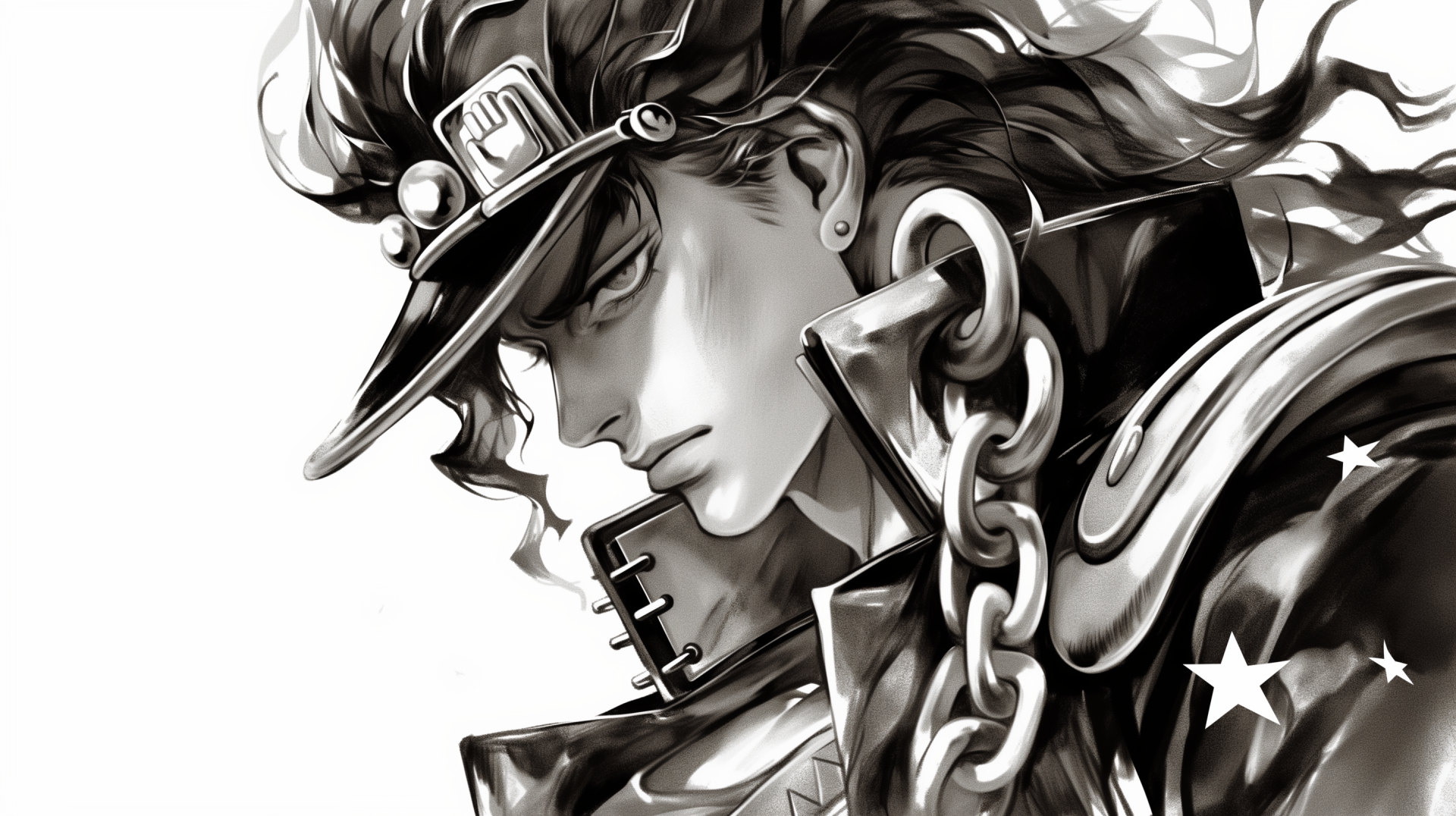 Jotaro Kujo from Jojo's Bizarre Adventure, depicted in a striking black and white manga style. This HD image serves as a captivating desktop wallpaper and background.