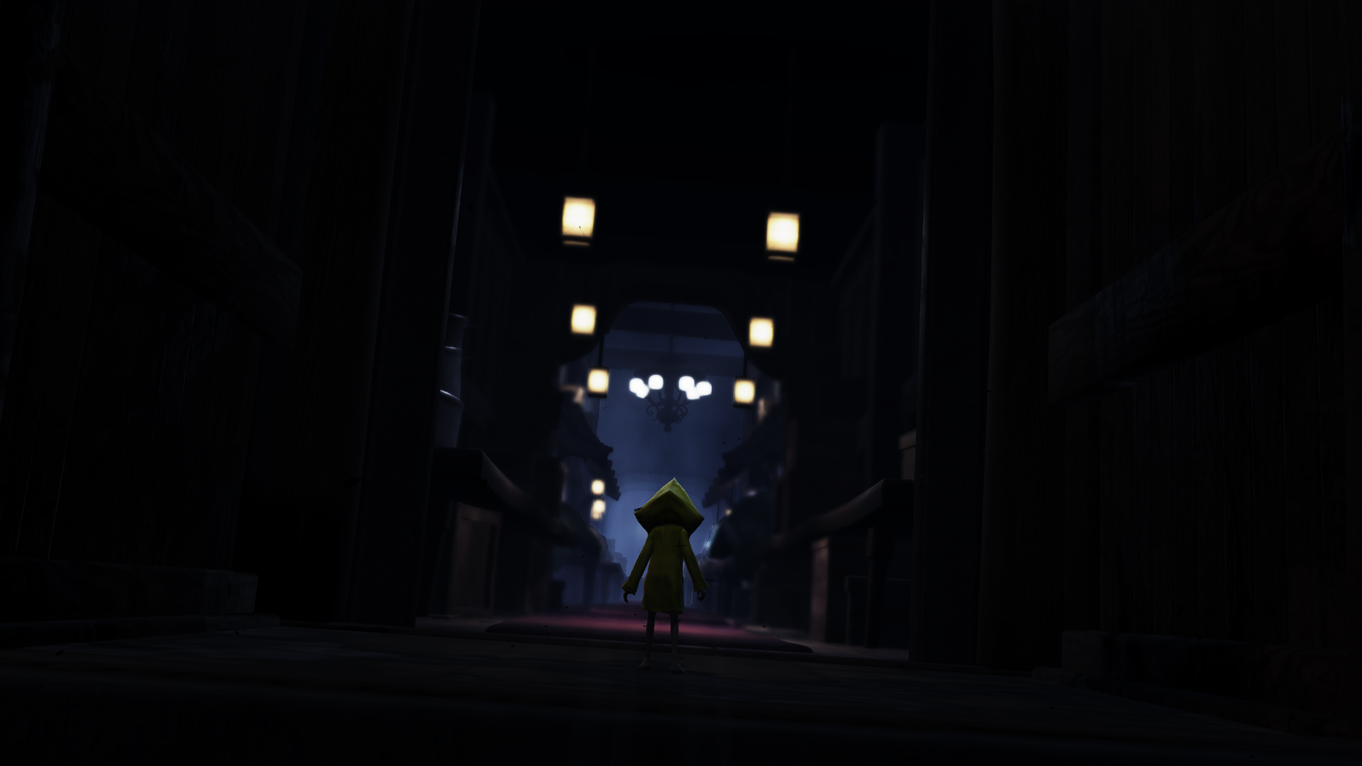 A dark and atmospheric HD wallpaper featuring Six from Little Nightmares, standing alone in a narrow alley illuminated by glowing lanterns.