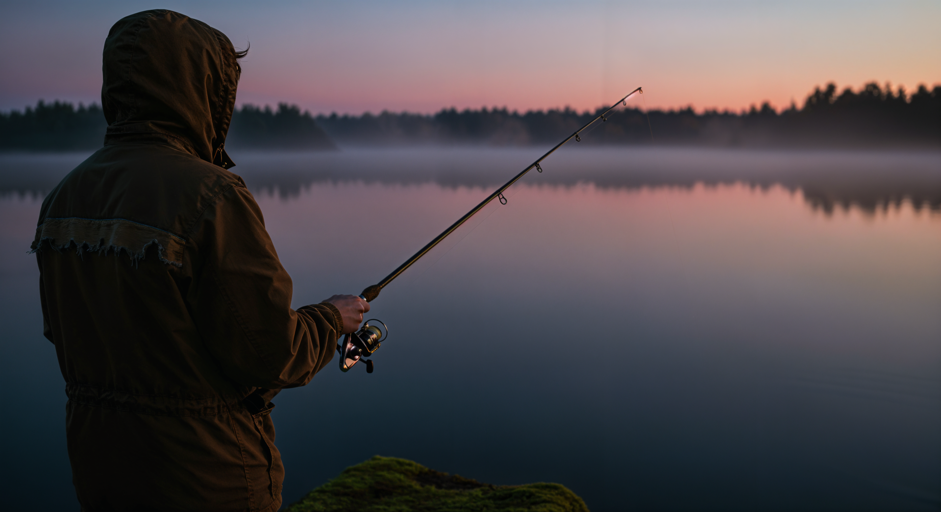A person holding a fishing rod stands by a calm lake at dawn, surrounded by mist and trees, creating a serene atmosphere. This image serves as a stunning 4K Ultra HD wallpaper.