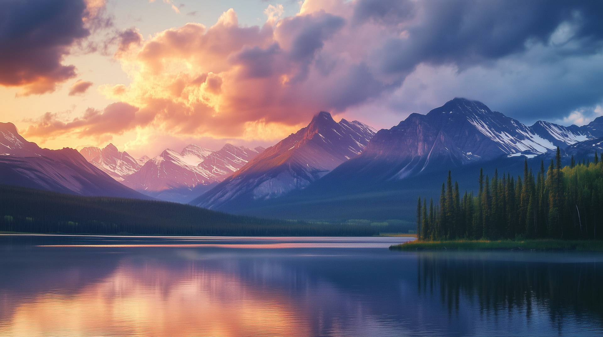 HD desktop wallpaper of a North American mountain landscape at sunset, with snow-capped peaks reflecting in a calm lake surrounded by forested shores.