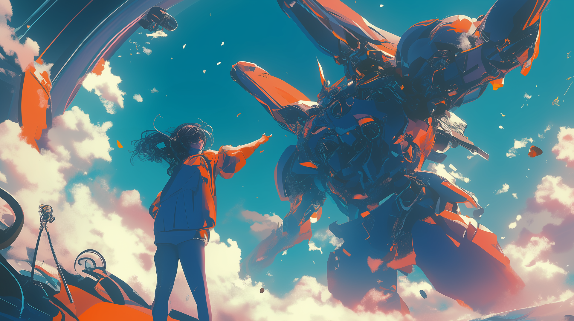 2K Quad HD PC desktop wallpaper: anime girl standing on a rooftop reaching toward a towering robot/mecha under a vivid sky, dynamic lighting and floating debris.