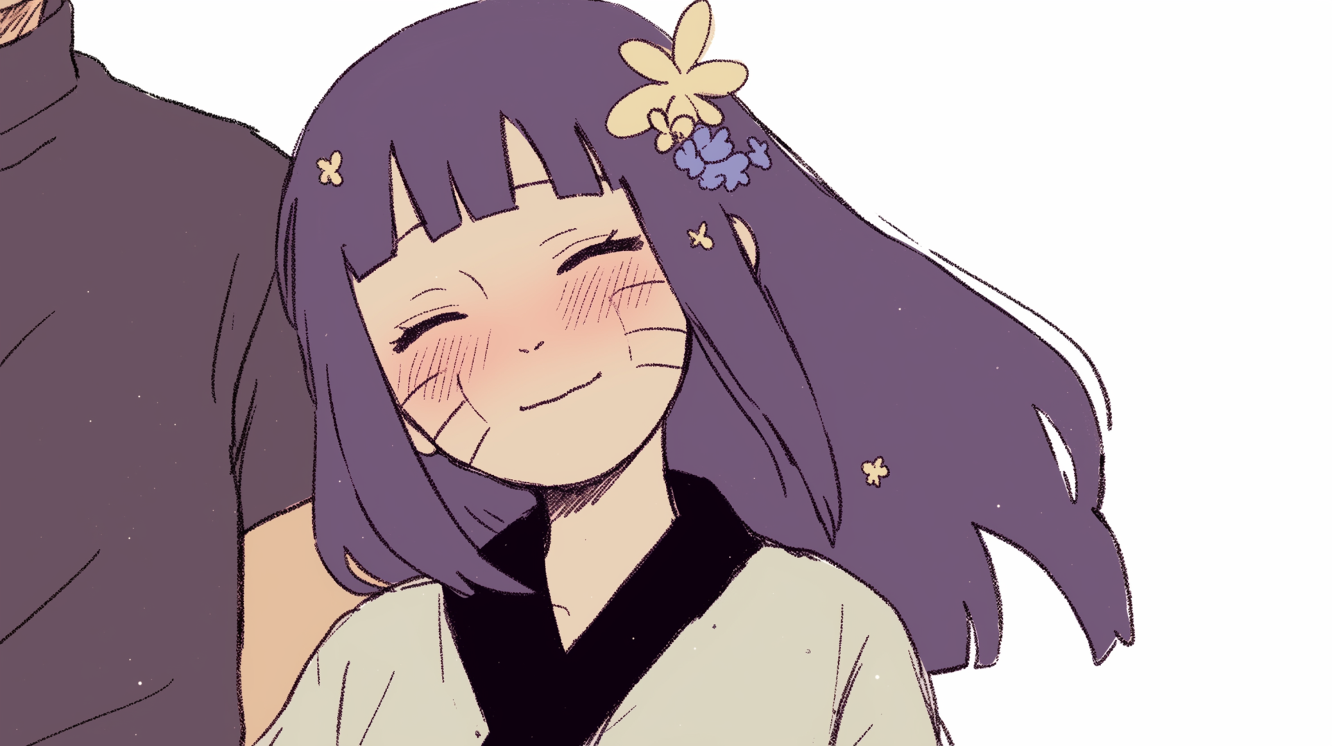 An HD desktop wallpaper featuring Hinata Hyuga, a character with purple hair and a cheerful smile, adorned with flowers, embodying a warm and friendly presence.