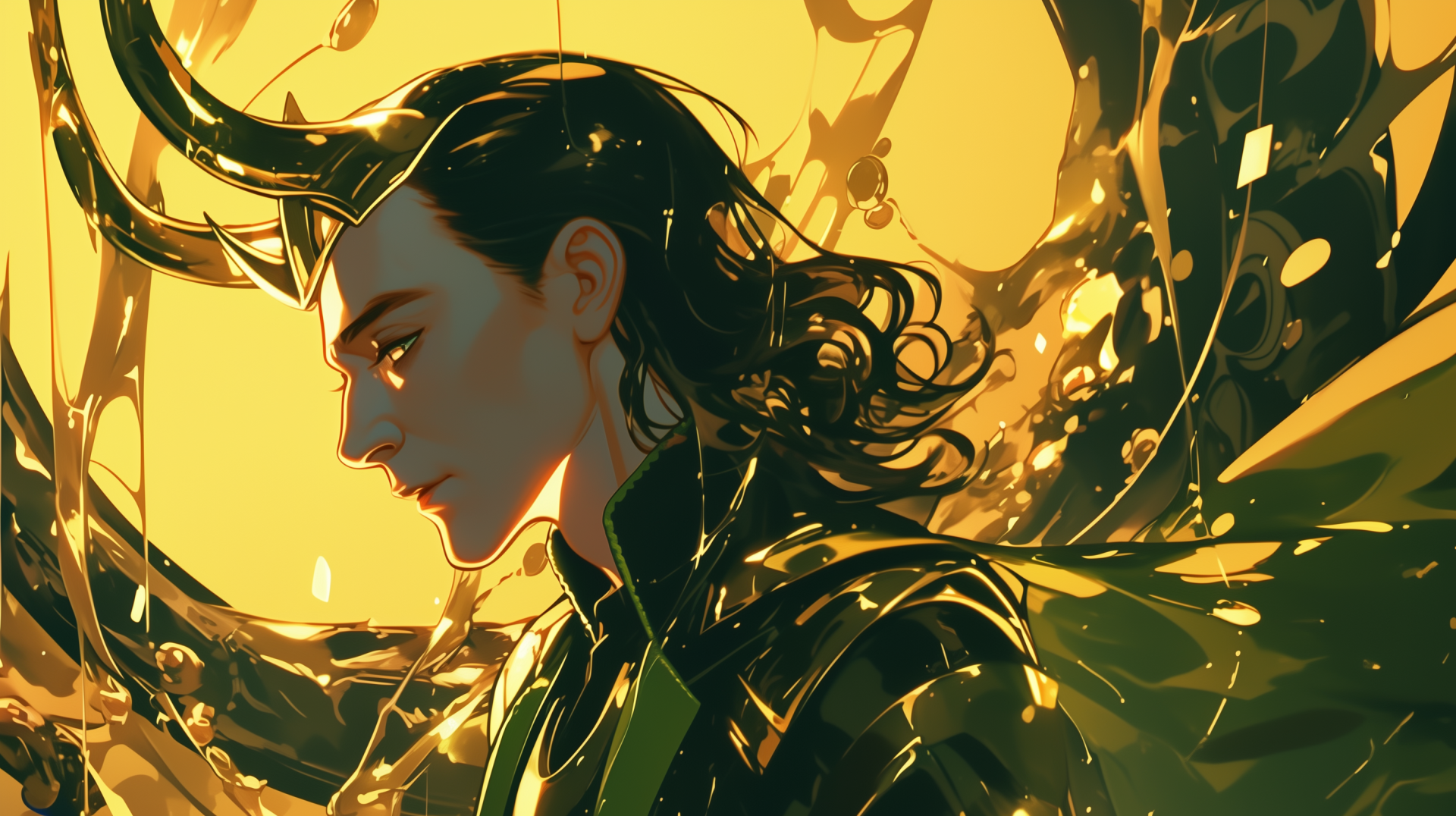 A stunning HD wallpaper featuring Loki from Marvel Comics, showcasing the character's profile against a vibrant yellow and green background, blending mystical elements and intricate details.