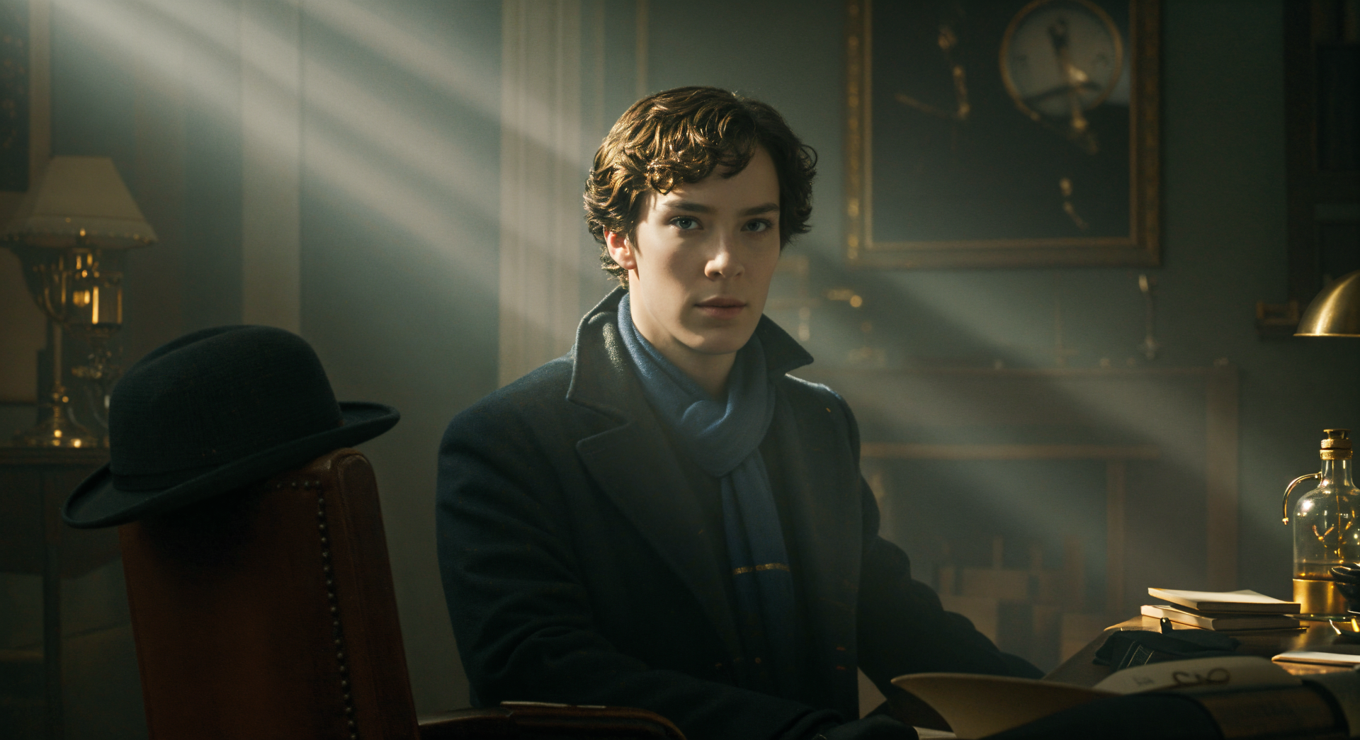 A scene from the TV series Sherlock, featuring the main character sitting in a dimly lit room, with light streaming through and a hat on the nearby chair. Captured in 4K Ultra HD.