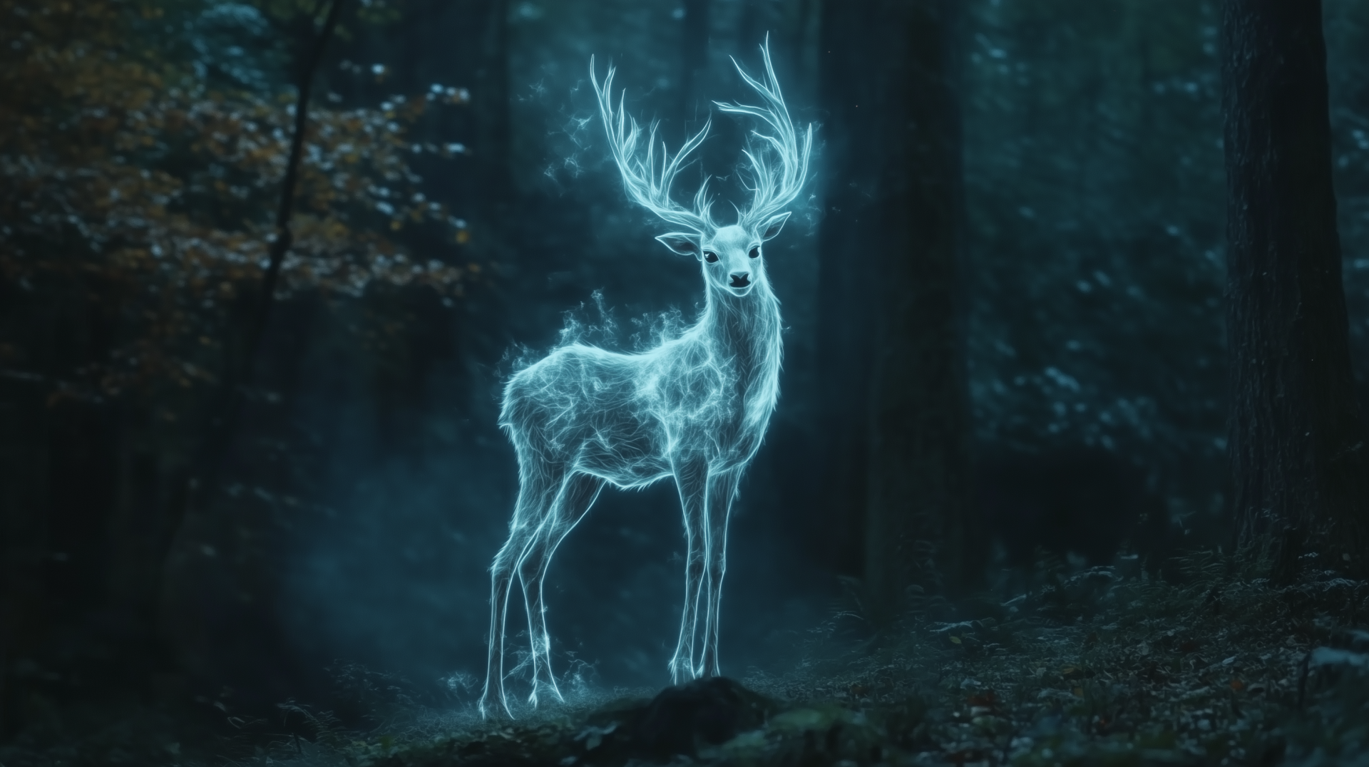 A luminous deer Patronus from the Harry Potter series stands in a mystical forest, offering a captivating HD desktop wallpaper experience.
