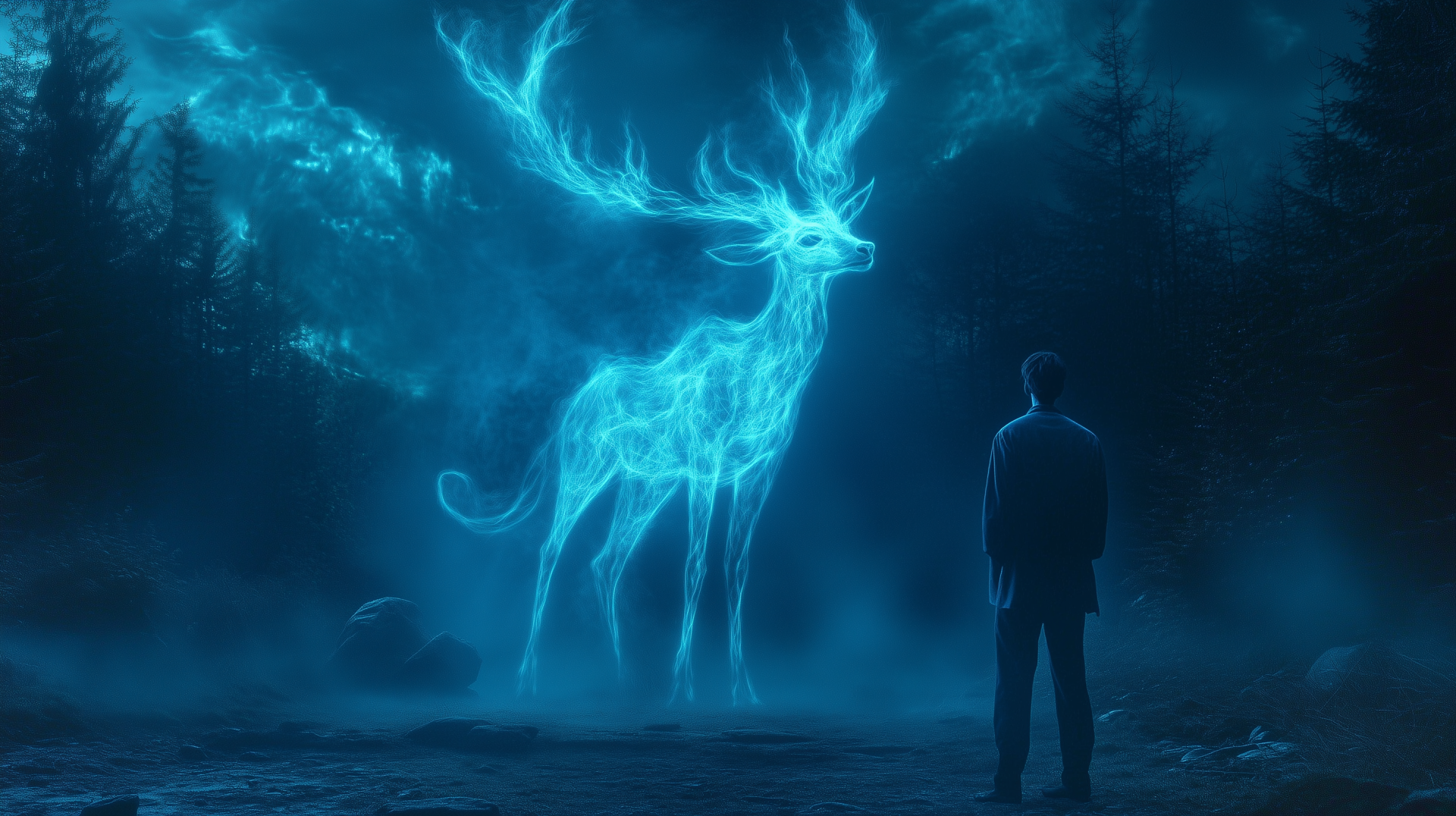 A magical scene from Harry Potter featuring a glowing Patronus in the shape of a stag, set against a mystical, dark landscape. This HD wallpaper captures enchanting fantasy elements.
