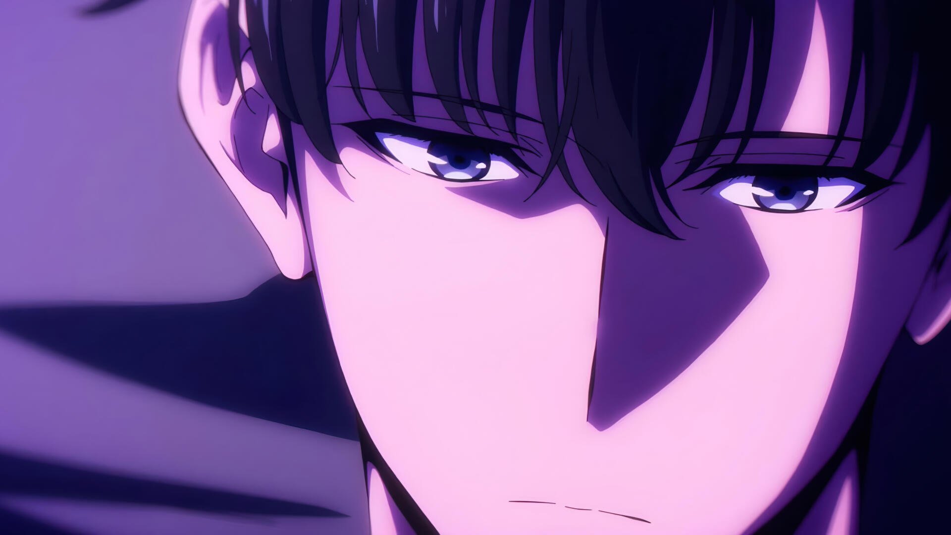 Close-up of Sung Jin-Woo from the anime Solo Leveling, rendered in detailed 4K Ultra HD, capturing his intense expression and dark hair.