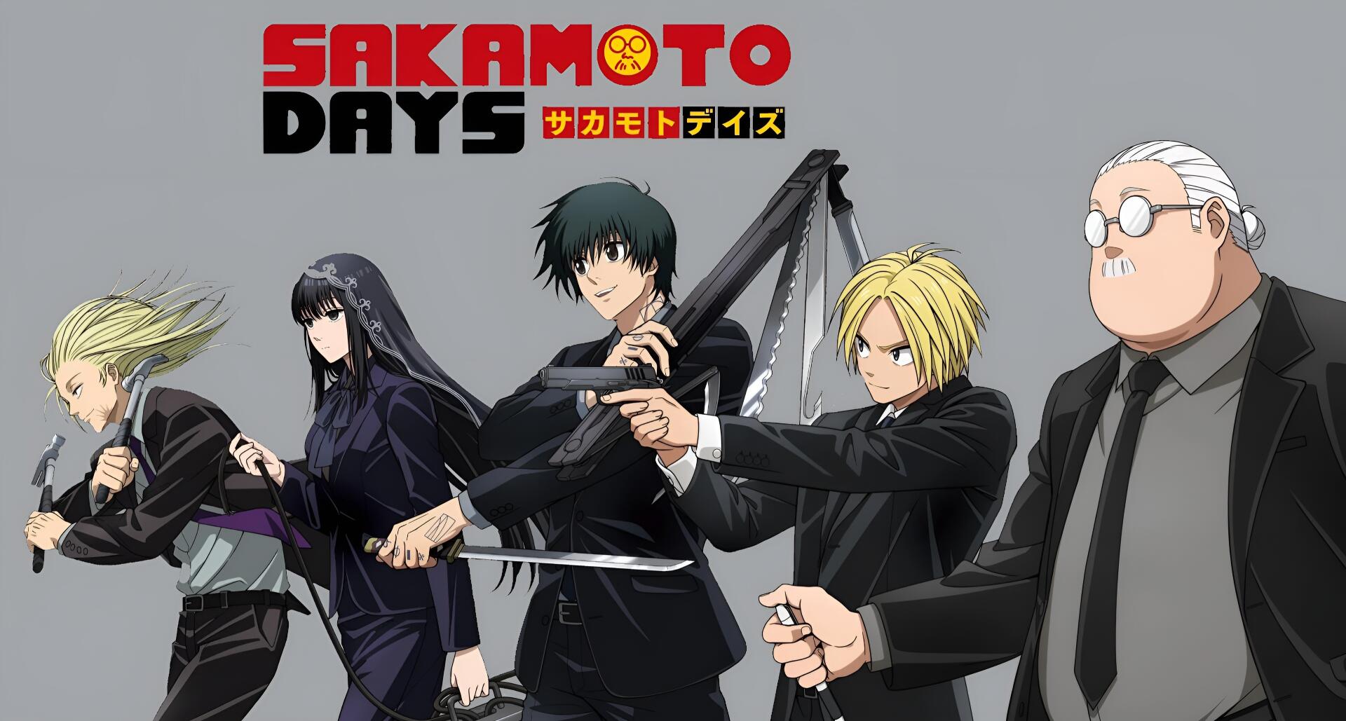 Anime Sakamoto Days 2K Quad HD PC desktop wallpaper and background: five characters in black suits aiming pistols against a gray backdrop with a red SAKAMOTO DAYS logo.
