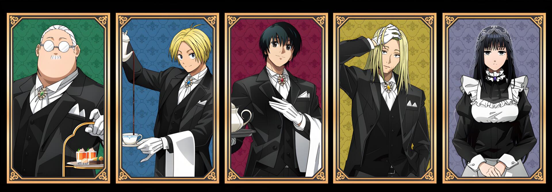 HD anime desktop wallpaper featuring three characters from Sakamoto Days dressed in formal black suits, each framed with a distinct colored background.