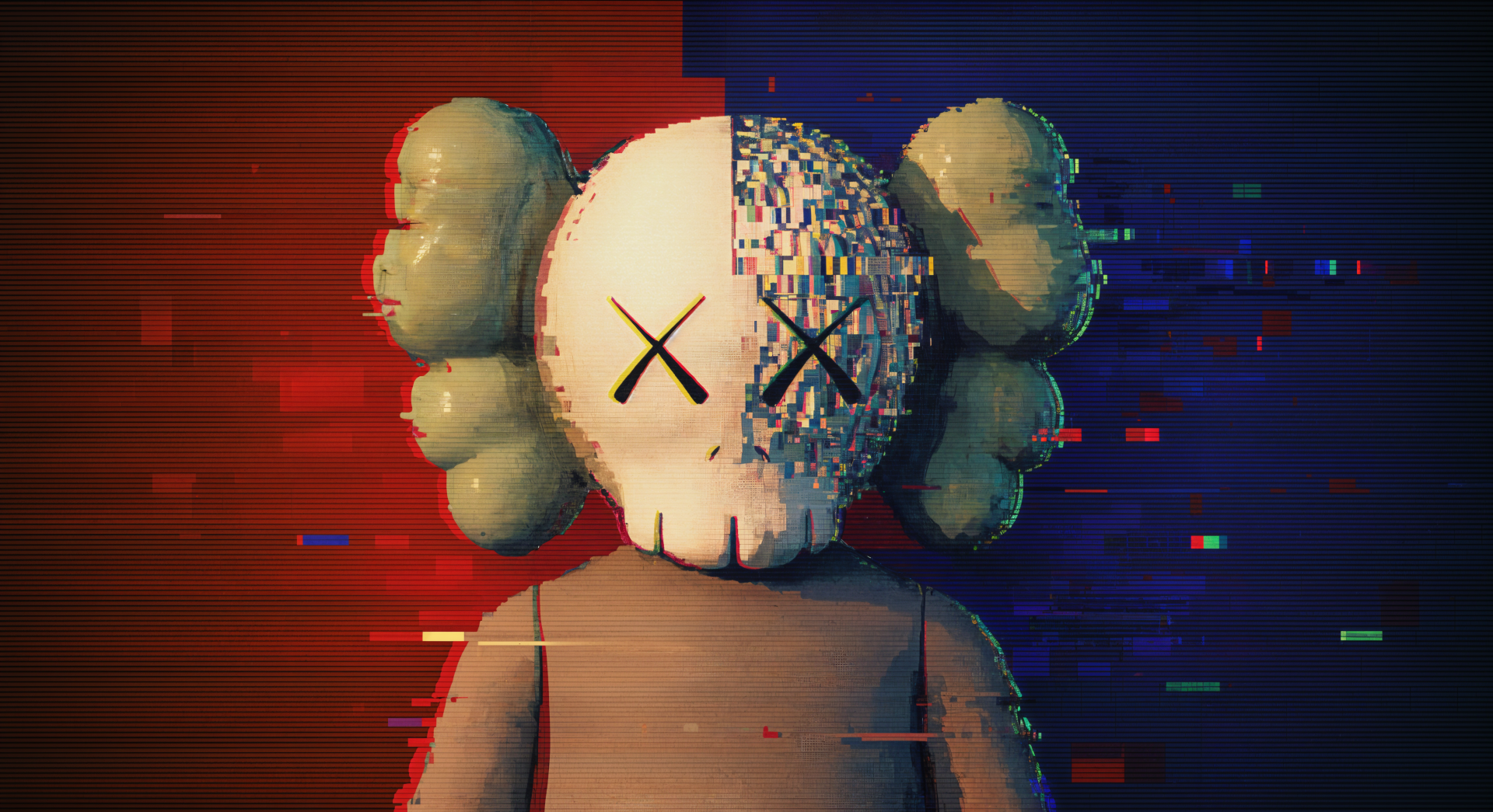 A 4K Ultra HD wallpaper featuring a KAWS character with a split design, showcasing a blend of vibrant colors and digital glitch effects against a striking background.