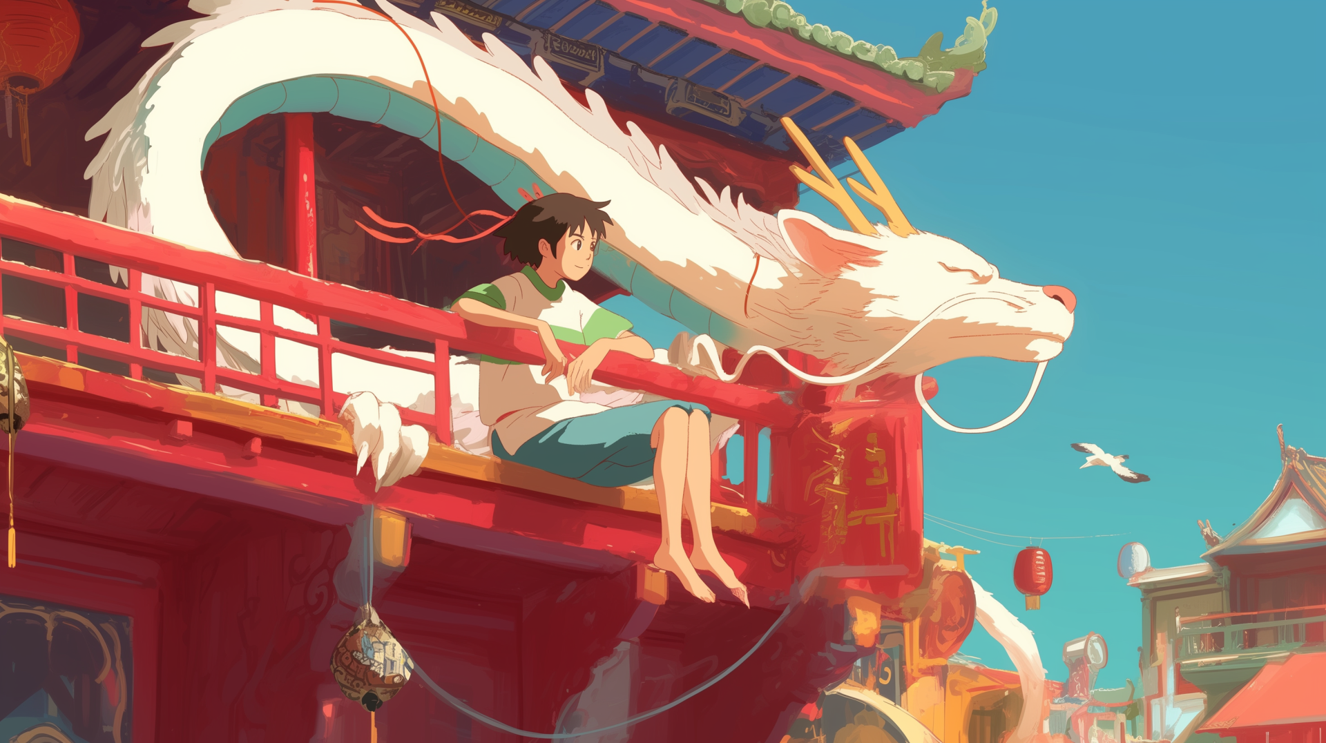 HD anime desktop wallpaper featuring Chihiro from Spirited Away sitting on a red bridge alongside a white dragon under a bright blue sky.