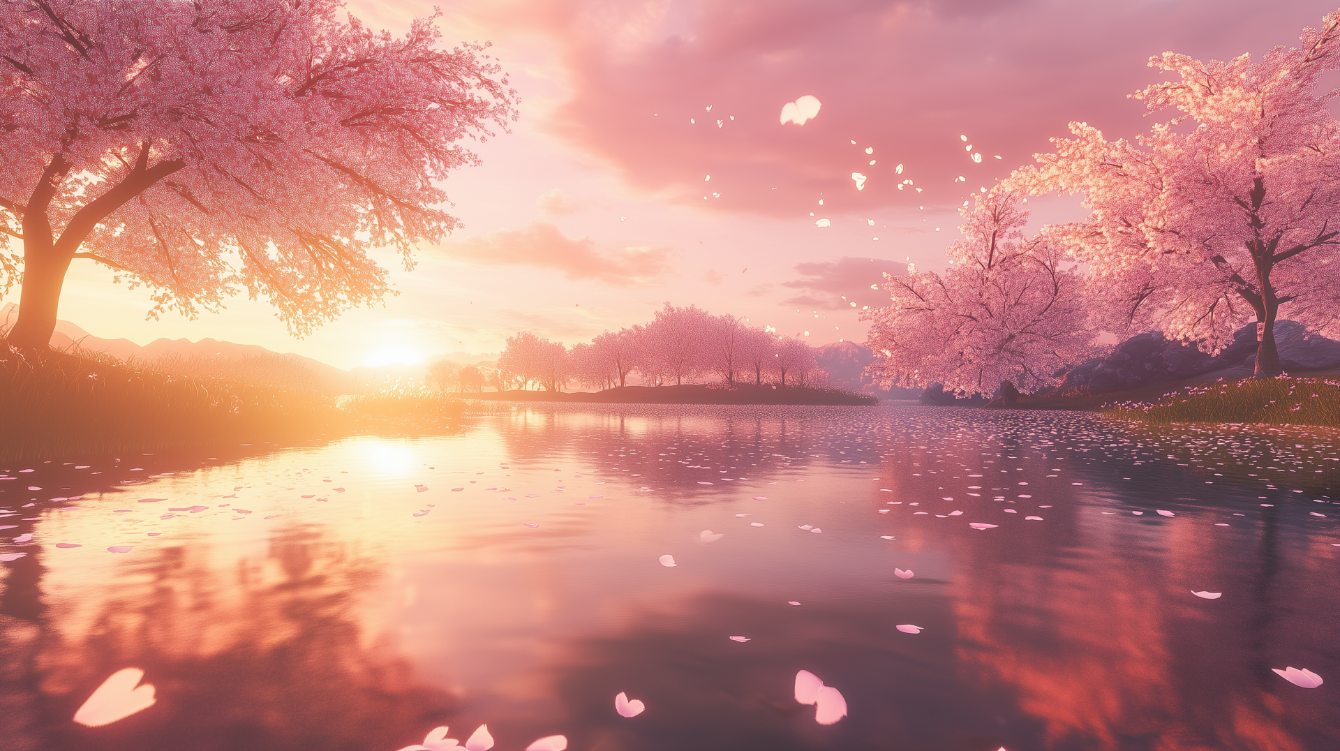 A serene landscape of cherry blossom trees in full bloom reflecting on calm water under a soft pink sunset, captured in HD for a peaceful PC desktop wallpaper.