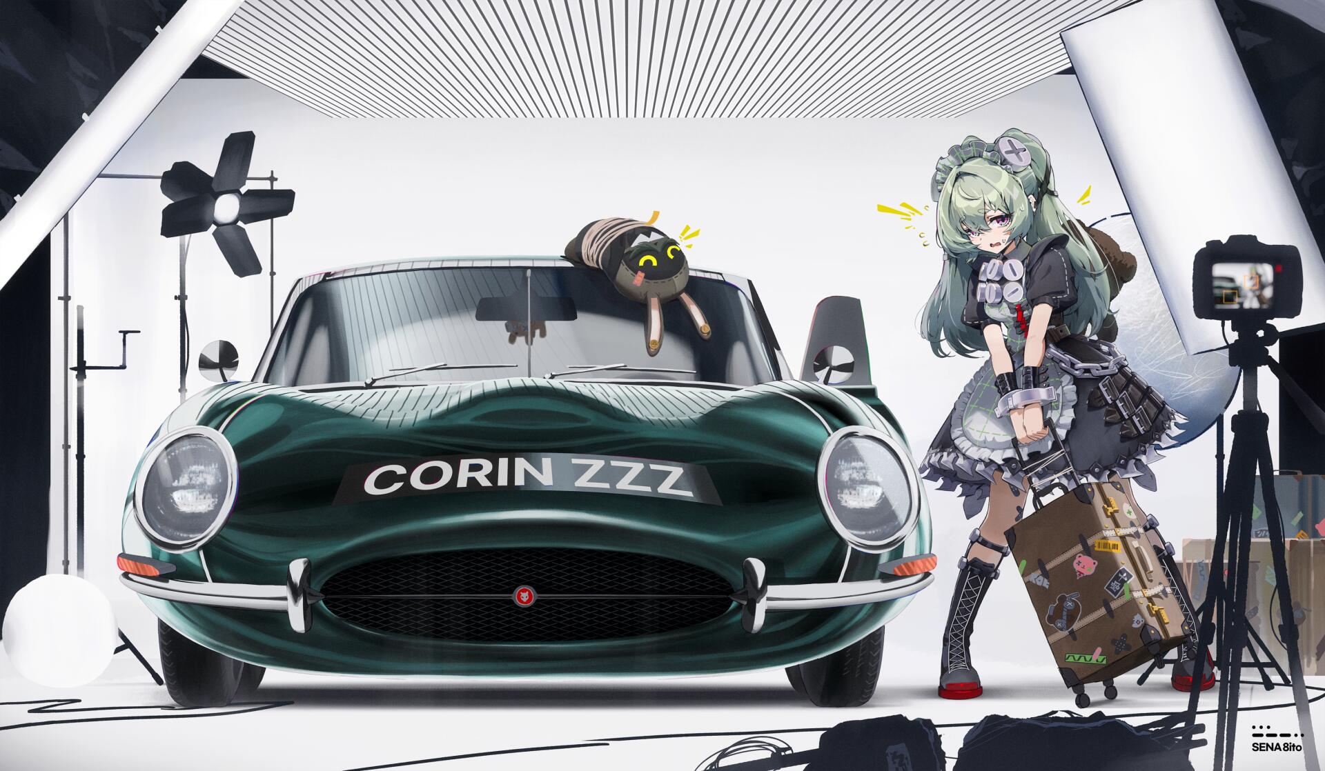 A stylish HD wallpaper featuring Corin Wickes from Zenless Zone Zero, standing next to a vintage car with a whimsical backdrop and playful elements in a studio setting.
