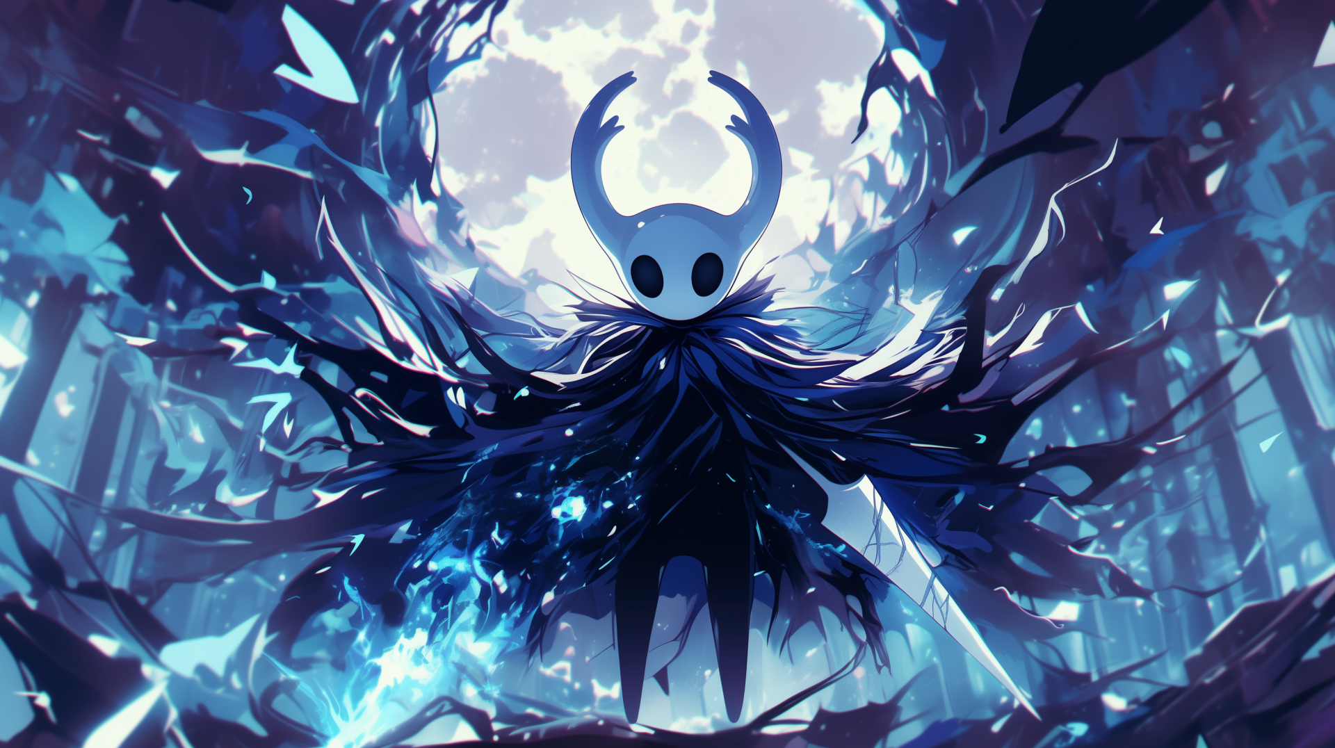 A captivating HD wallpaper featuring a character from the video game Hollow Knight: Silksong, enveloped in a mystical blue aura against a dramatic background.