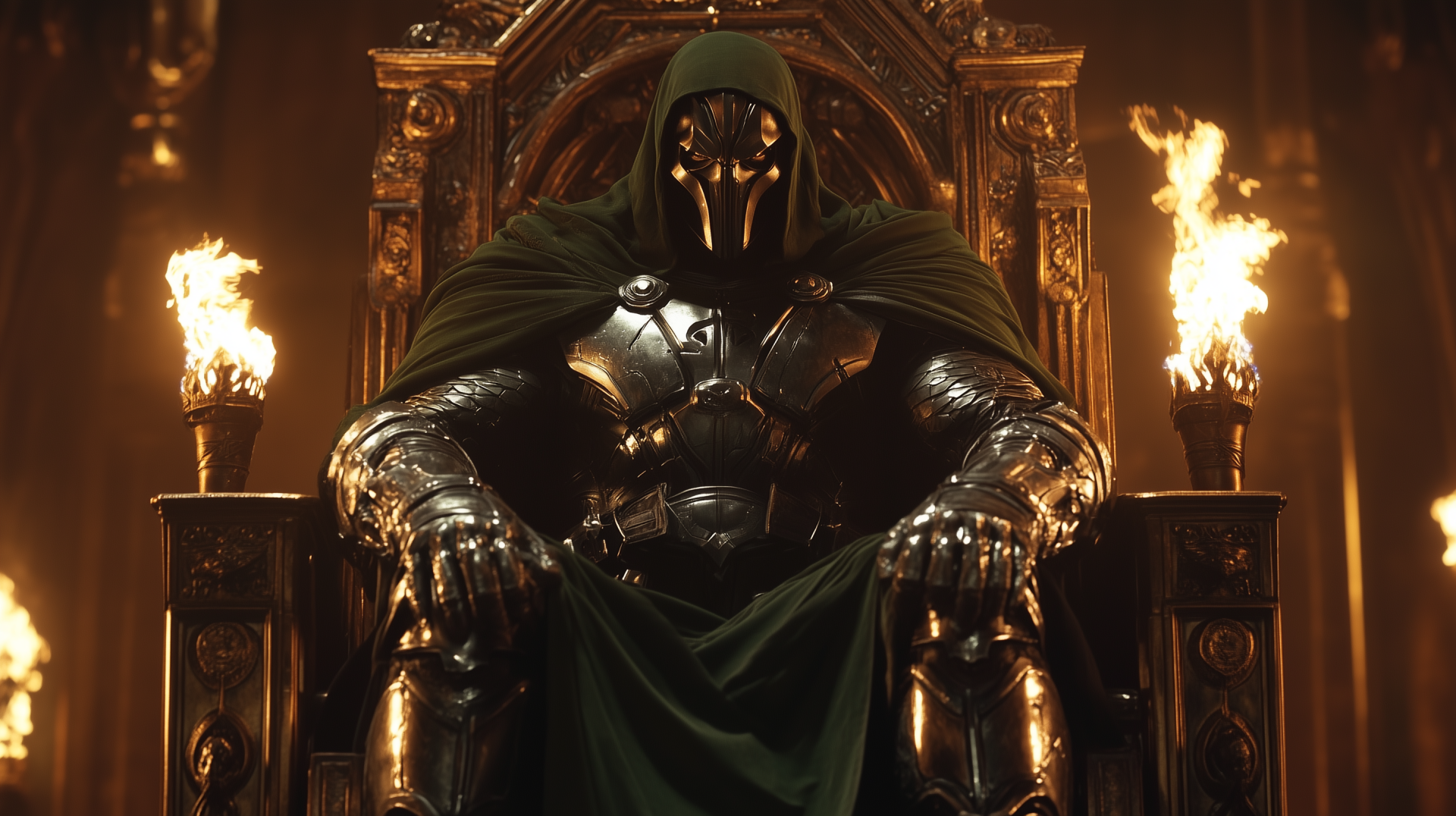 HD movie wallpaper of Doctor Doom seated on an ornate throne, cloaked in dark armor with flames flickering on either side.