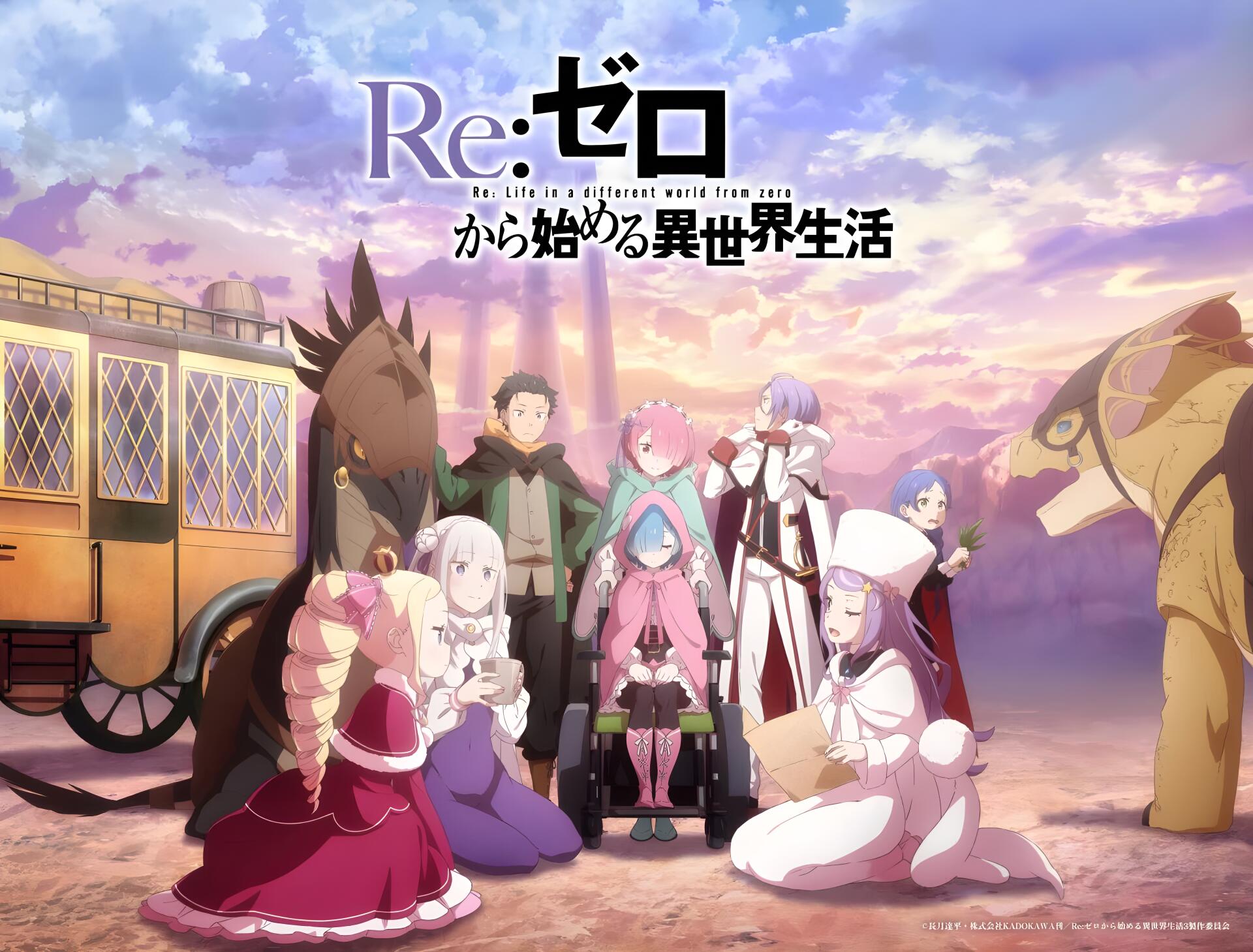 4K Ultra HD anime wallpaper featuring characters from Re:Zero - Starting Life in Another World gathered in a vibrant, detailed outdoor setting with a carriage in the background.