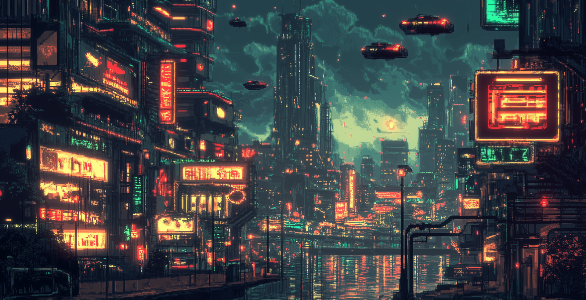Vibrant pixel art depicting a cyberpunk futuristic city, featuring neon lights and flying vehicles, set against a moody sky and reflecting in the water below.