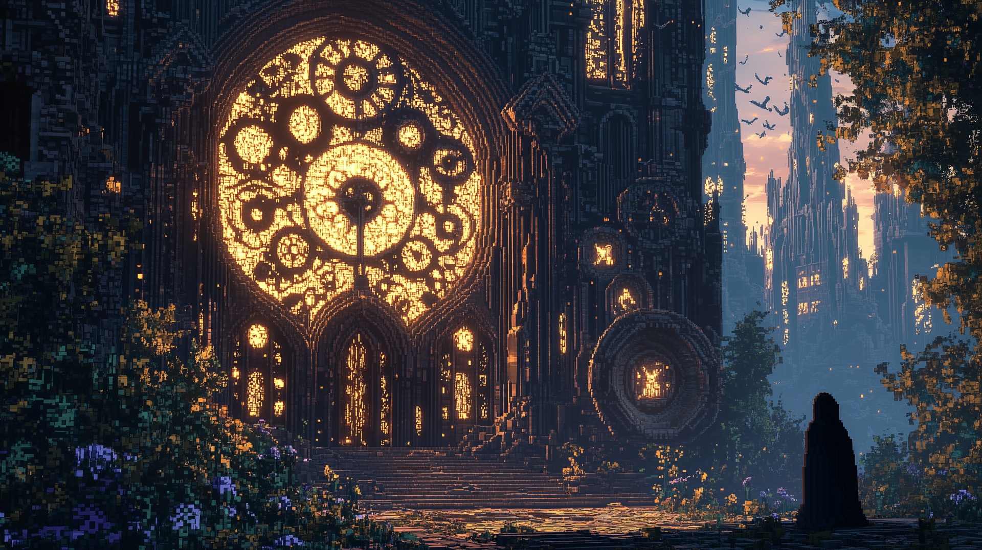 Pixel art fantasy scene featuring intricate, glowing clockwork architecture with towering spires and a lone figure overlooking a mystical landscape, rendered in HD detail.
