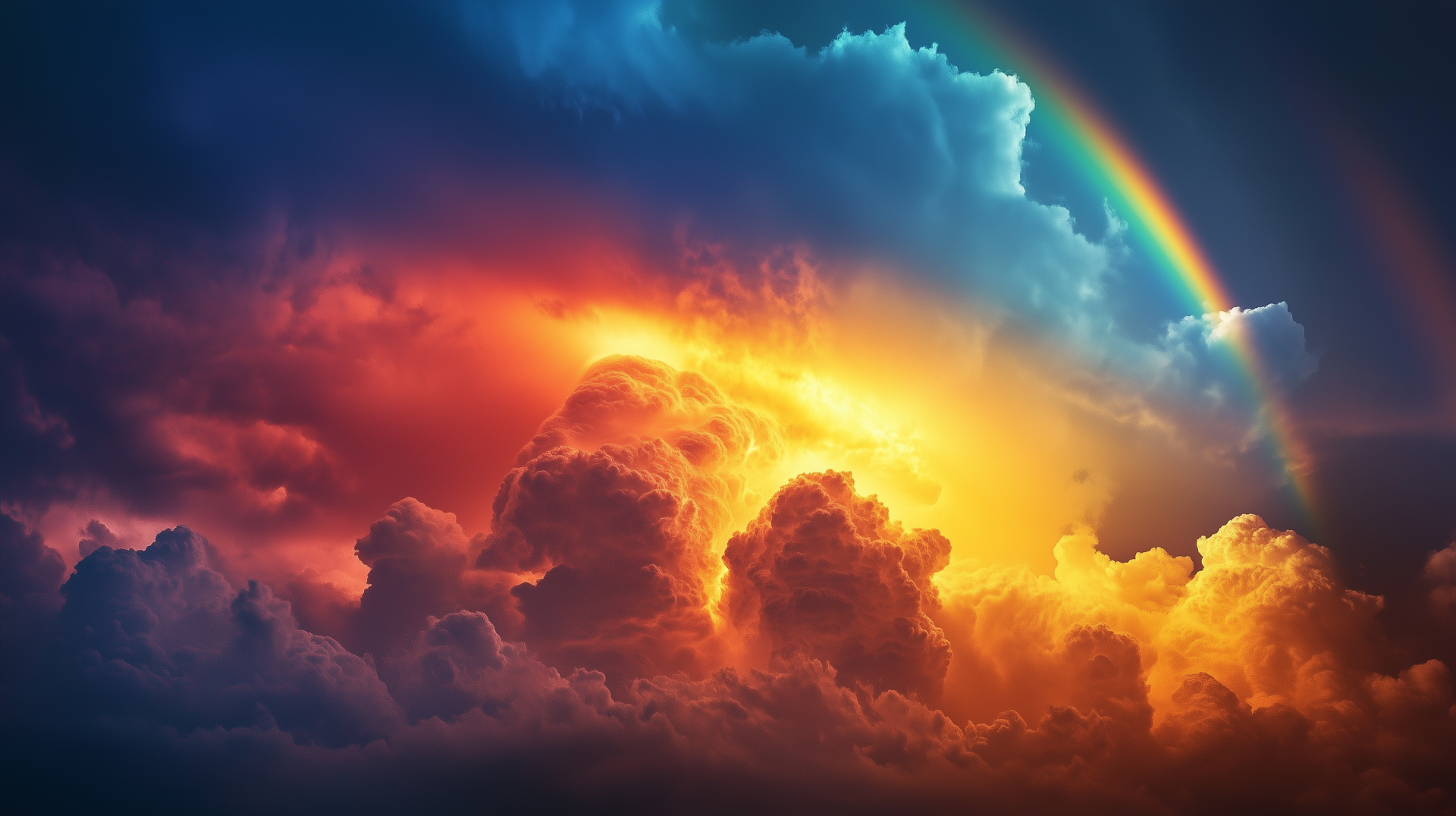 HD PC desktop wallpaper showing dramatic clouds illuminated by sunlight with a vibrant rainbow arching across the sky.