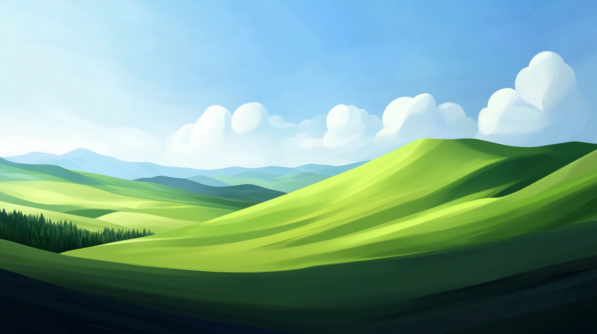 A vibrant landscape featuring rolling green hills under a clear blue sky, complemented by fluffy clouds, reminiscent of a classic Windows XP desktop wallpaper.